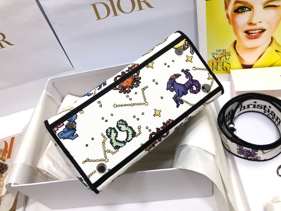 Dior Lady D-Lite Medium Bag In White Pixel Zodiac Embroidery