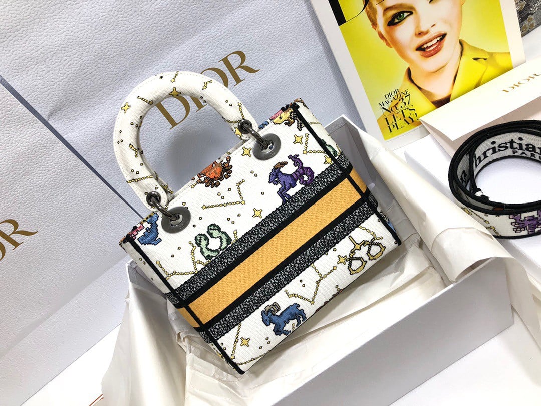 Dior Lady D-Lite Medium Bag In White Pixel Zodiac Embroidery