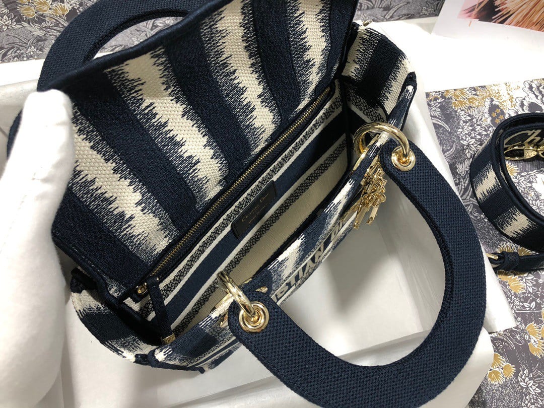 Dior Lady D-Lite Medium Bag In Blue D-Stripes Embroidery