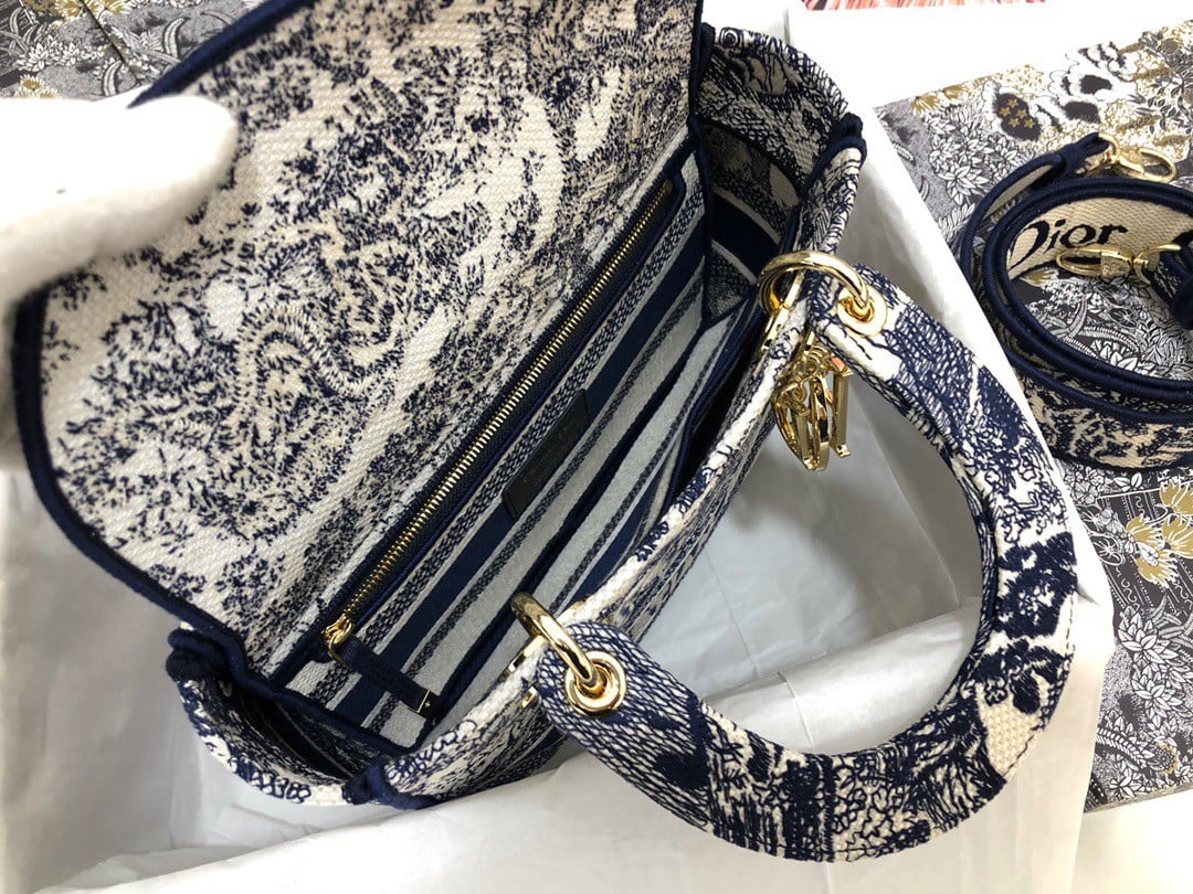 Dior Lady D-Lite Medium Bag In Blue Toile de Jouy Embroidery