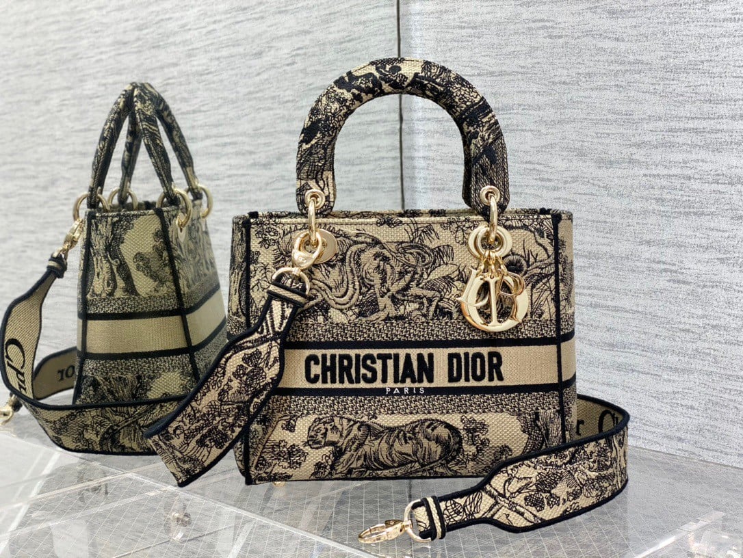 Dior Lady D-Lite Medium Bag In Brown Toile de Jouy Embroidery