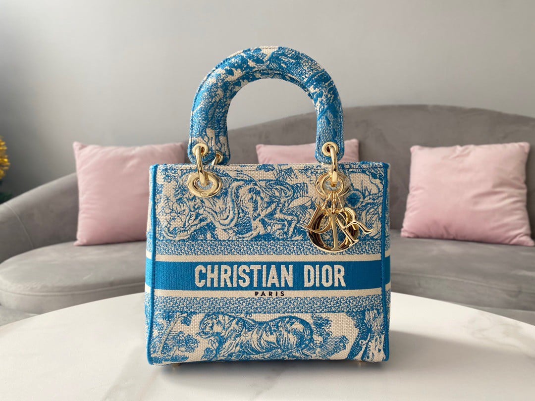 Dior Lady D-Lite Medium Bag In Blue Toile de Jouy Canvas