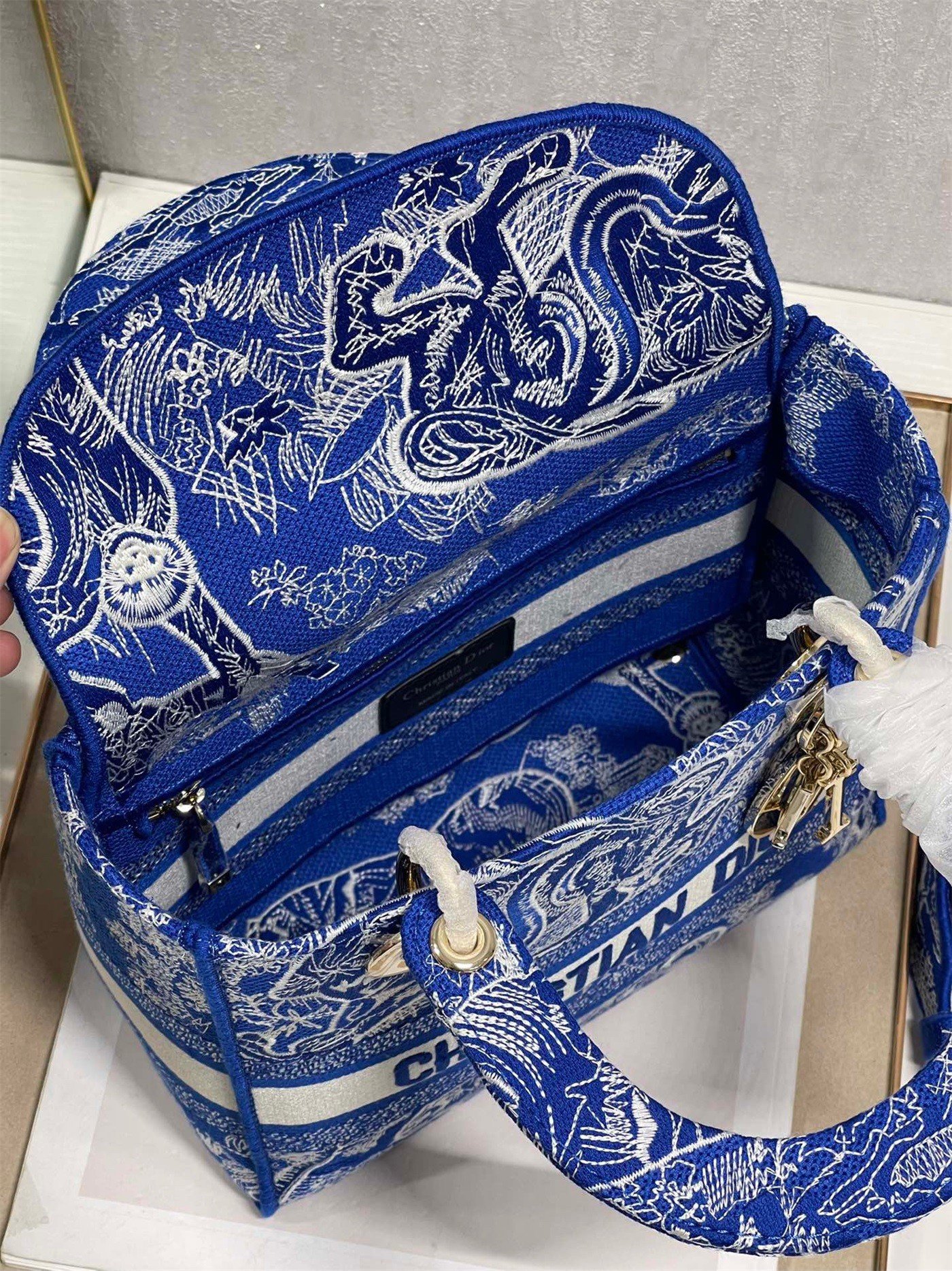 Dior Lady D-Lite Medium Bag In Fluorescent Blue Toile de Jouy Reverse Embroidery