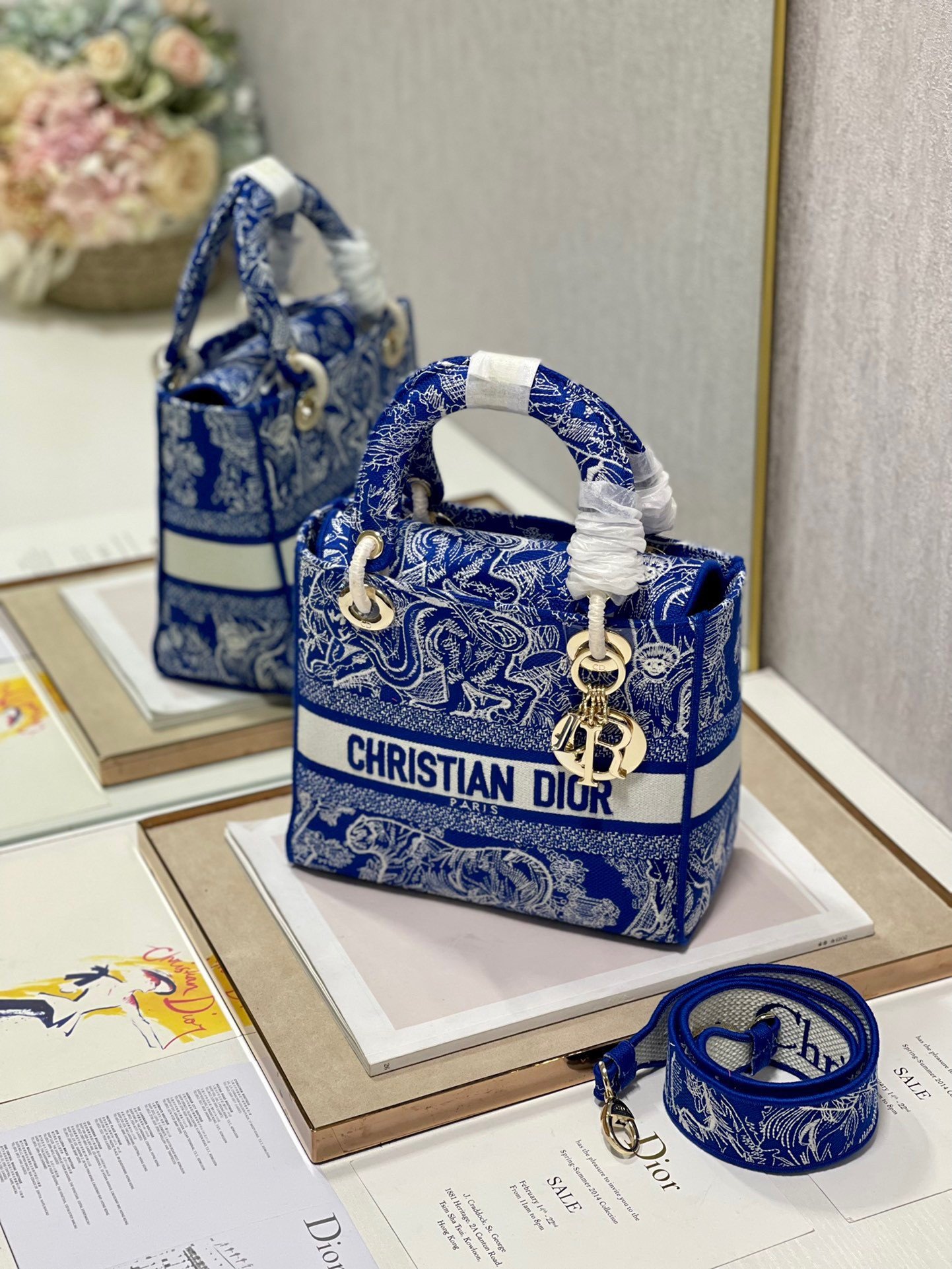 Dior Lady D-Lite Medium Bag In Fluorescent Blue Toile de Jouy Reverse Embroidery