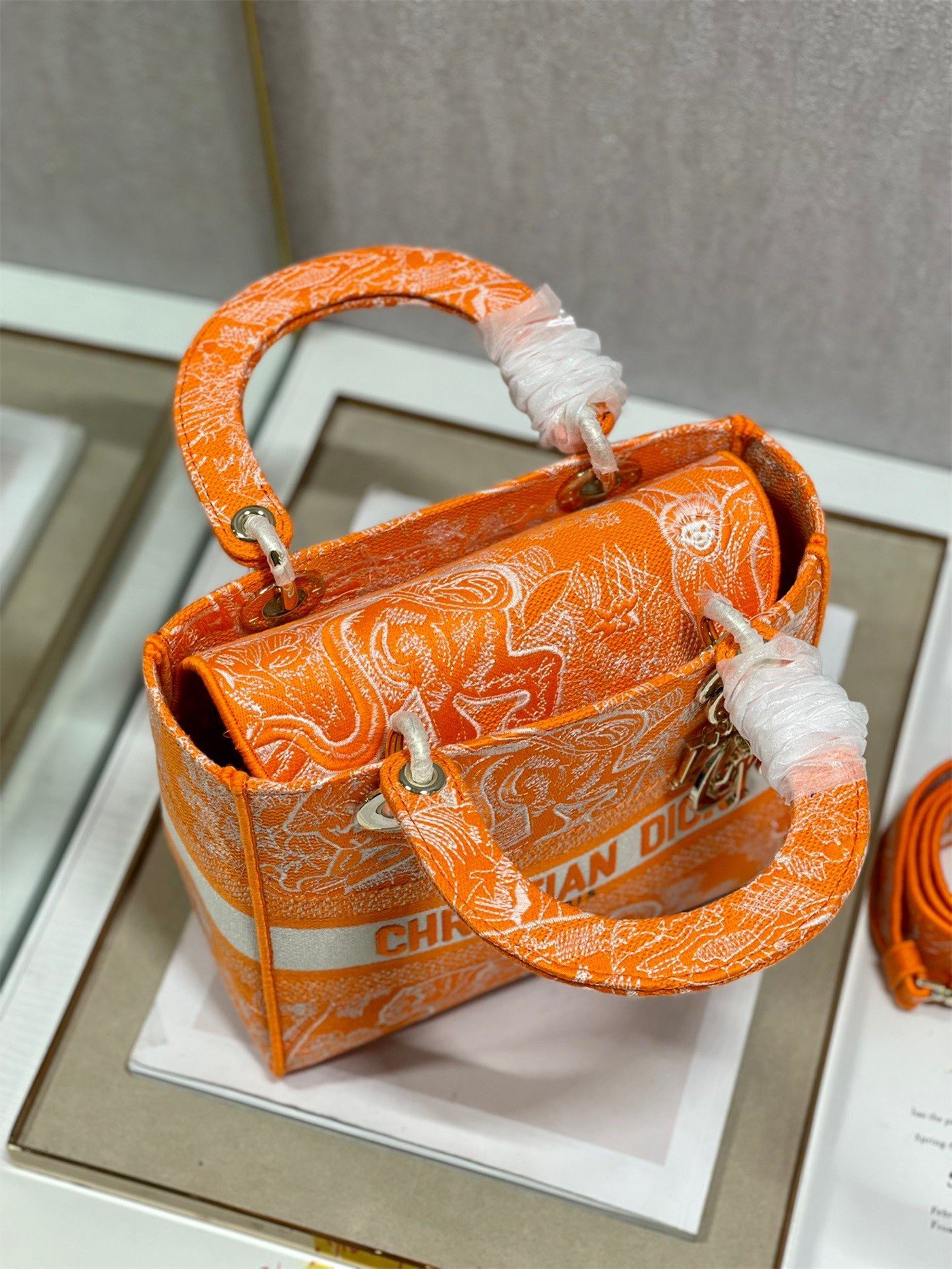 Dior Lady D-Lite Medium Bag In Fluorescent Orange Toile de Jouy Reverse Embroidery