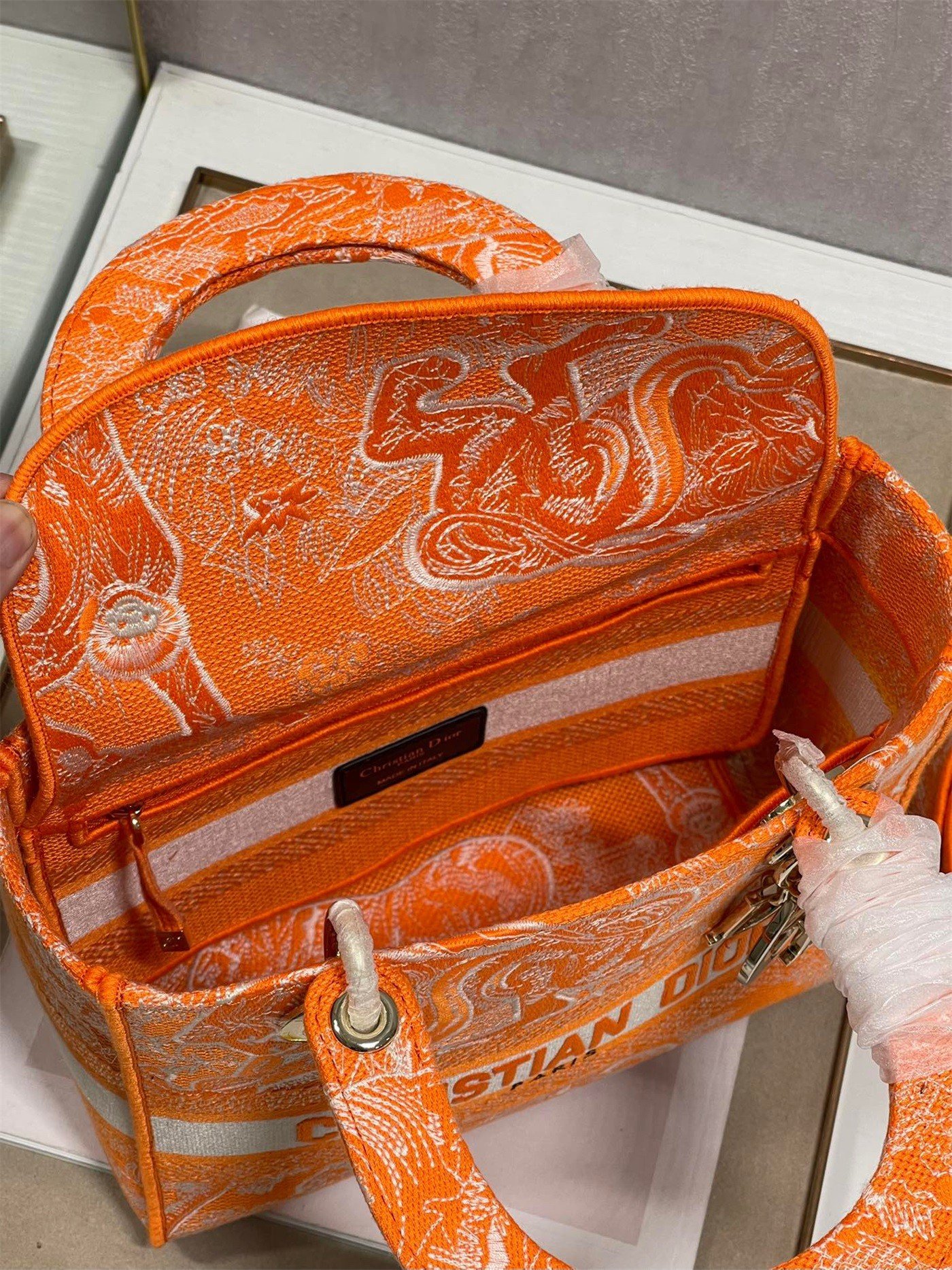 Dior Lady D-Lite Medium Bag In Fluorescent Orange Toile de Jouy Reverse Embroidery