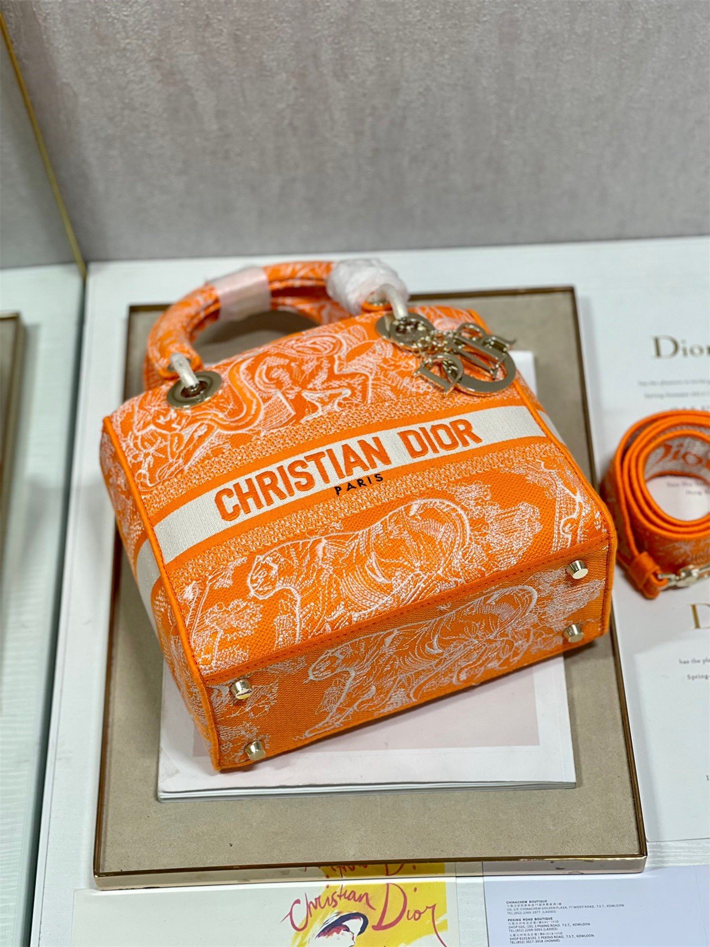 Dior Lady D-Lite Medium Bag In Fluorescent Orange Toile de Jouy Reverse Embroidery