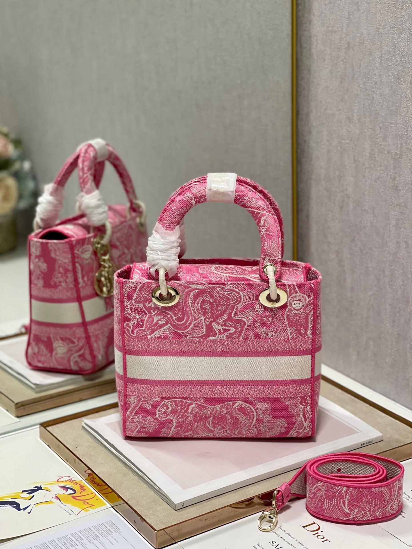 Dior Lady D-Lite Medium Bag In Fluorescent Pink Toile de Jouy Reverse Embroidery