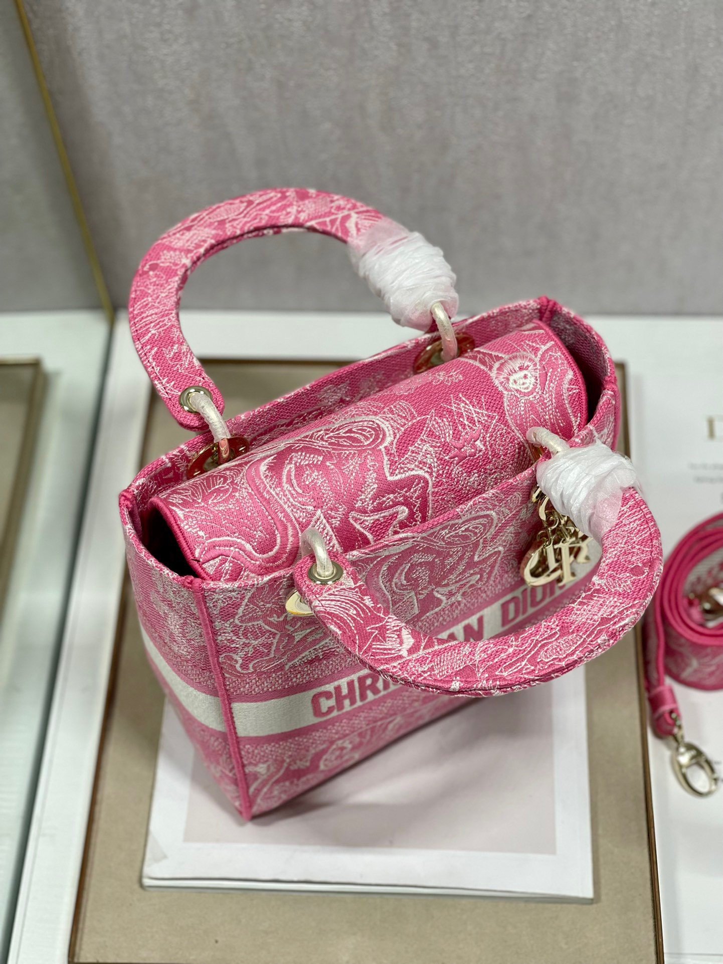 Dior Lady D-Lite Medium Bag In Fluorescent Pink Toile de Jouy Reverse Embroidery