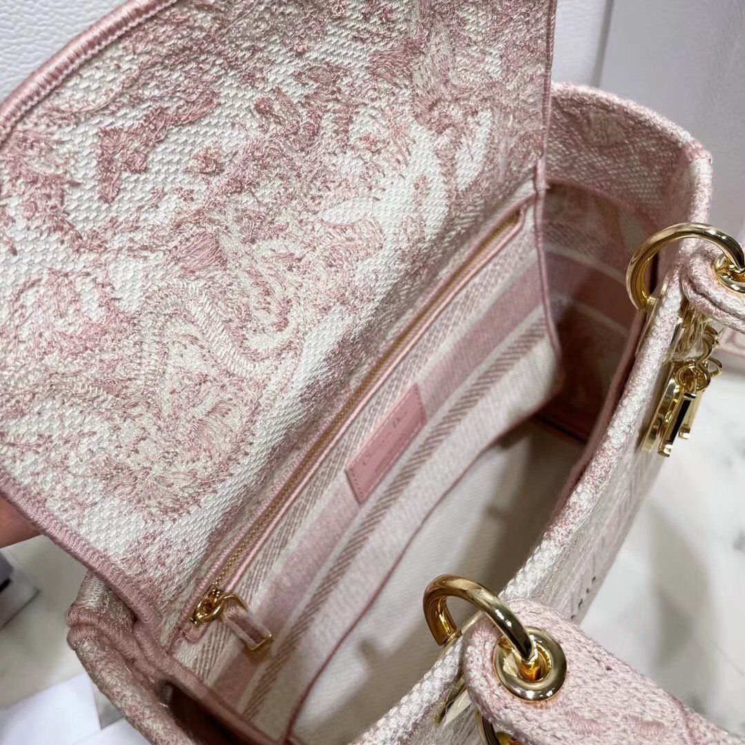 Dior Lady D-Lite Medium Bag In Pink Toile de Jouy Embroidery