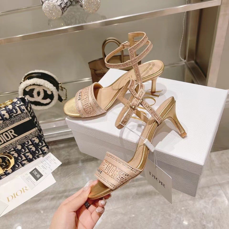 Dior Dway Heeled Sandals In Gold Cotton with Strass