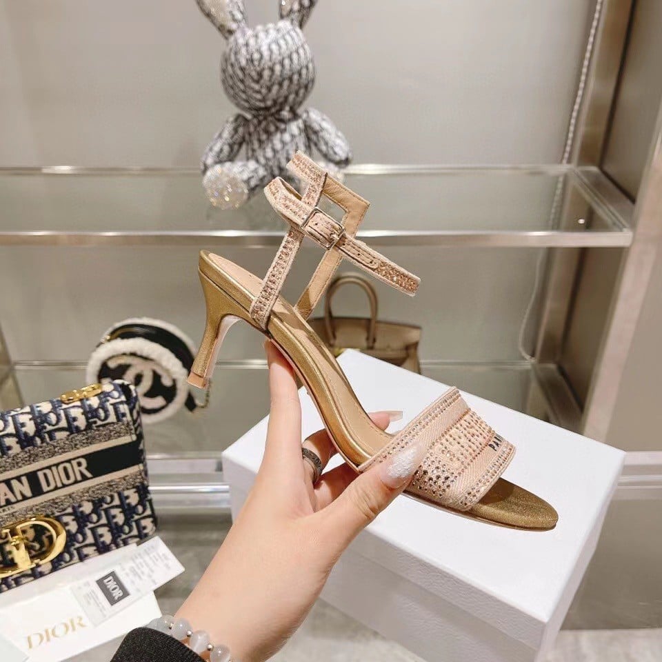 Dior Dway Heeled Sandals In Gold Cotton with Strass