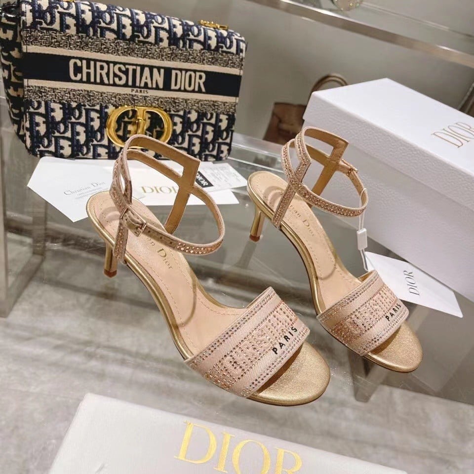 Dior Dway Heeled Sandals In Gold Cotton with Strass