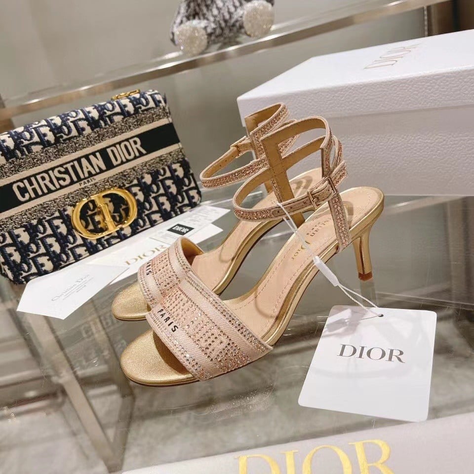 Dior Dway Heeled Sandals In Gold Cotton with Strass