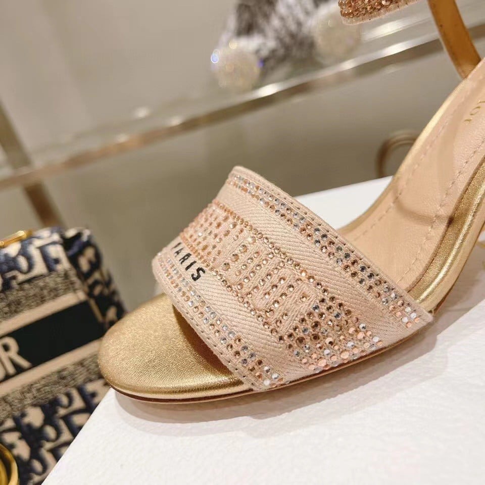 Dior Dway Heeled Sandals In Gold Cotton with Strass