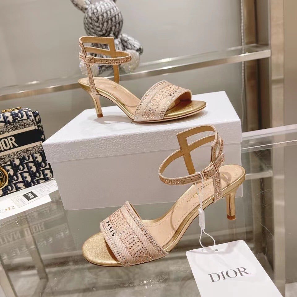 Dior Dway Heeled Sandals In Gold Cotton with Strass