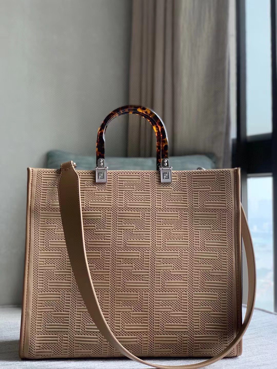 Fendi Sunshine Medium Tote Bag In Beige FF Fabric