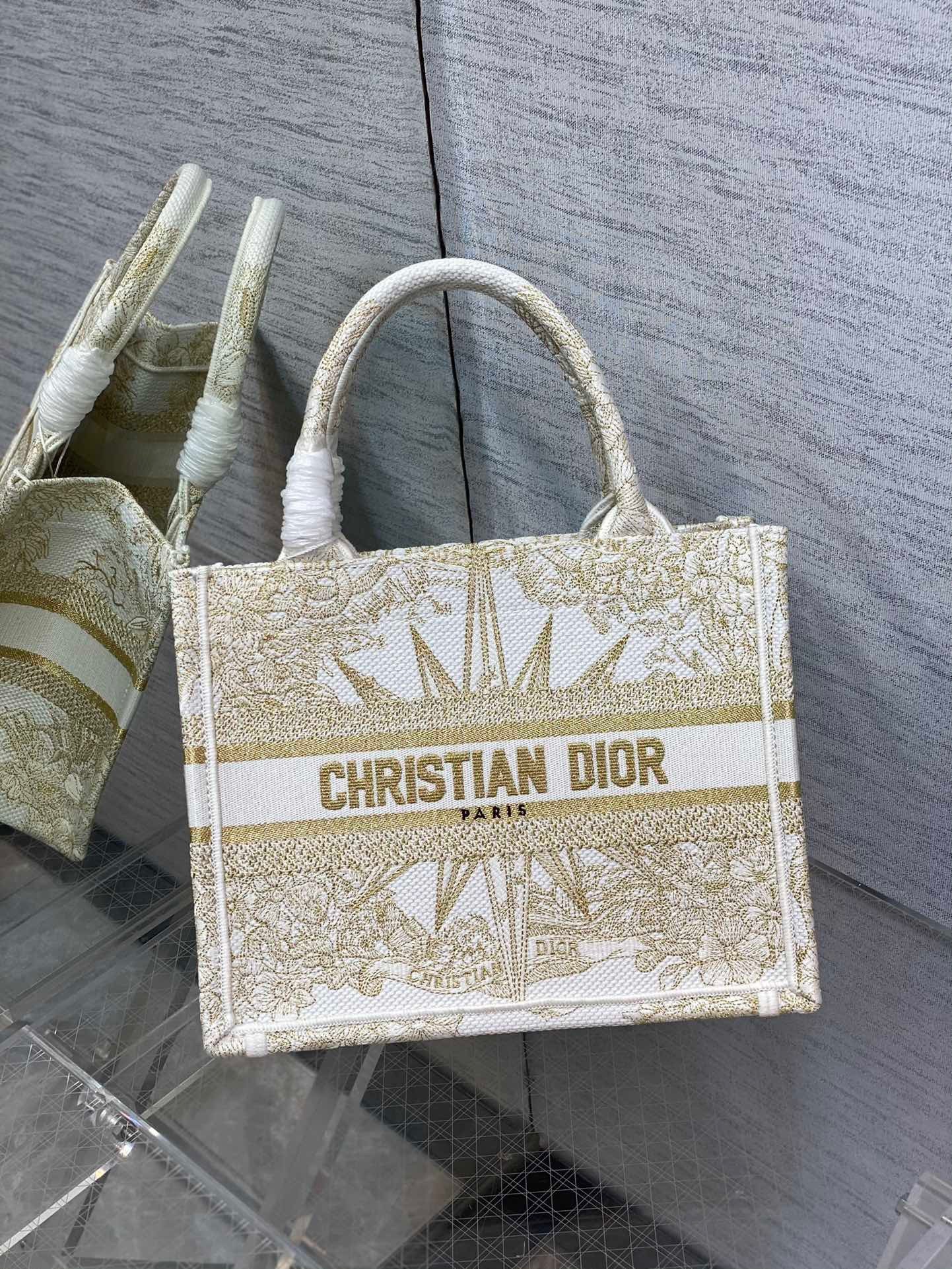 Dior Small Book Tote Bag In Gold Rêve d'Infini Embroidery