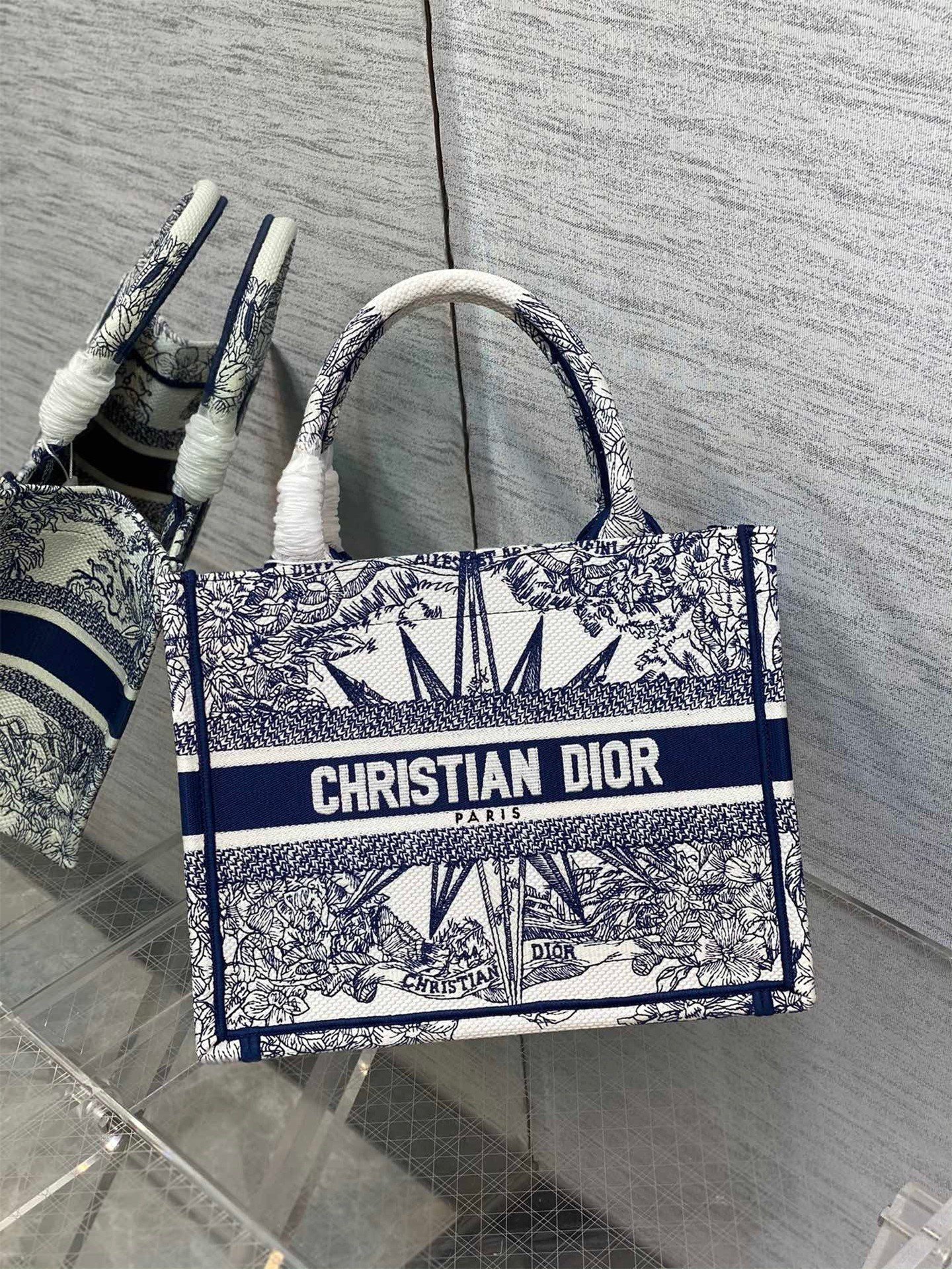 Dior Small Book Tote Bag In White & Blue Rêve d'Infini Embroidery