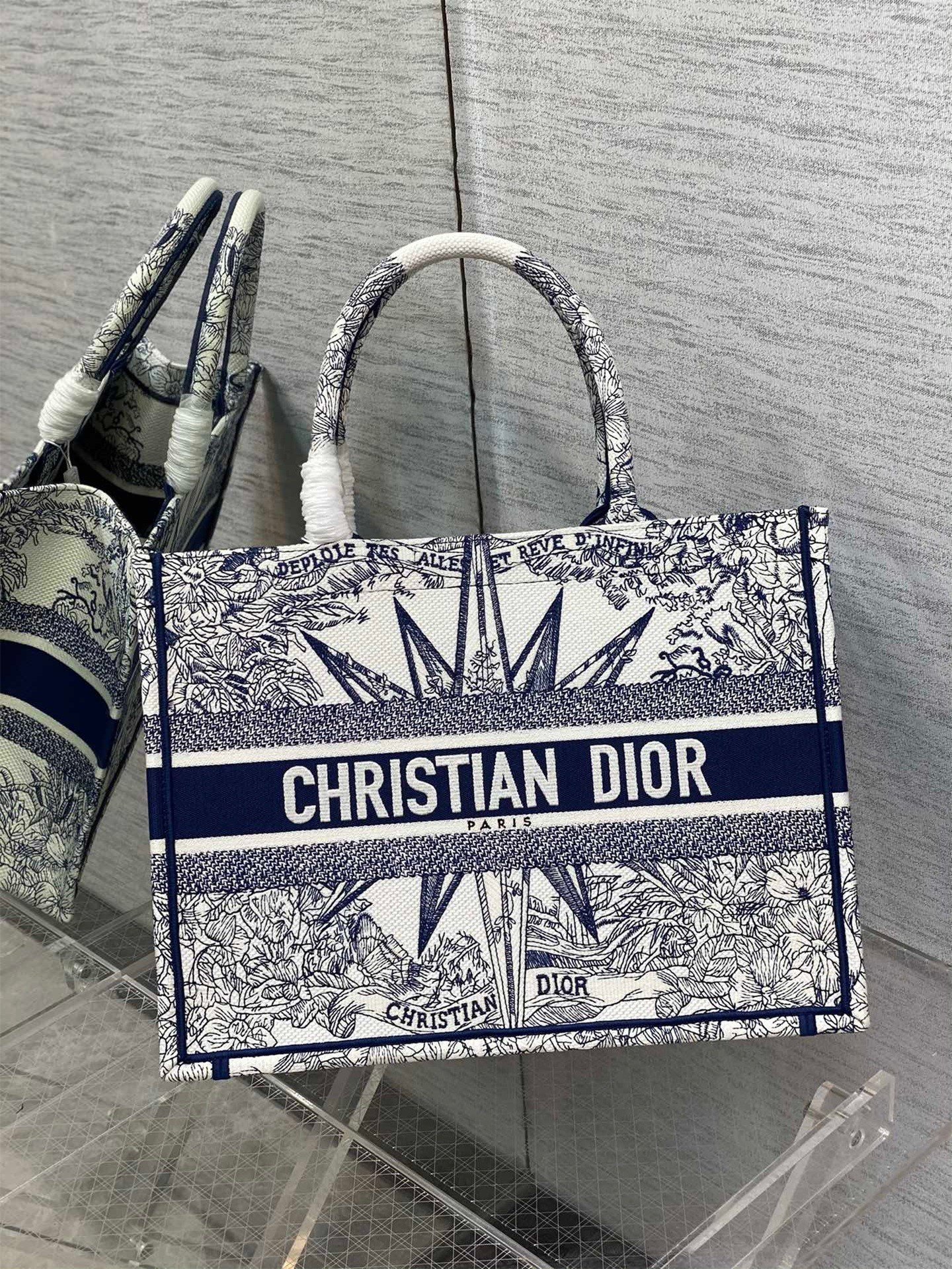 Dior Medium Book Tote Bag In White & Blue Rêve d'Infini Embroidery