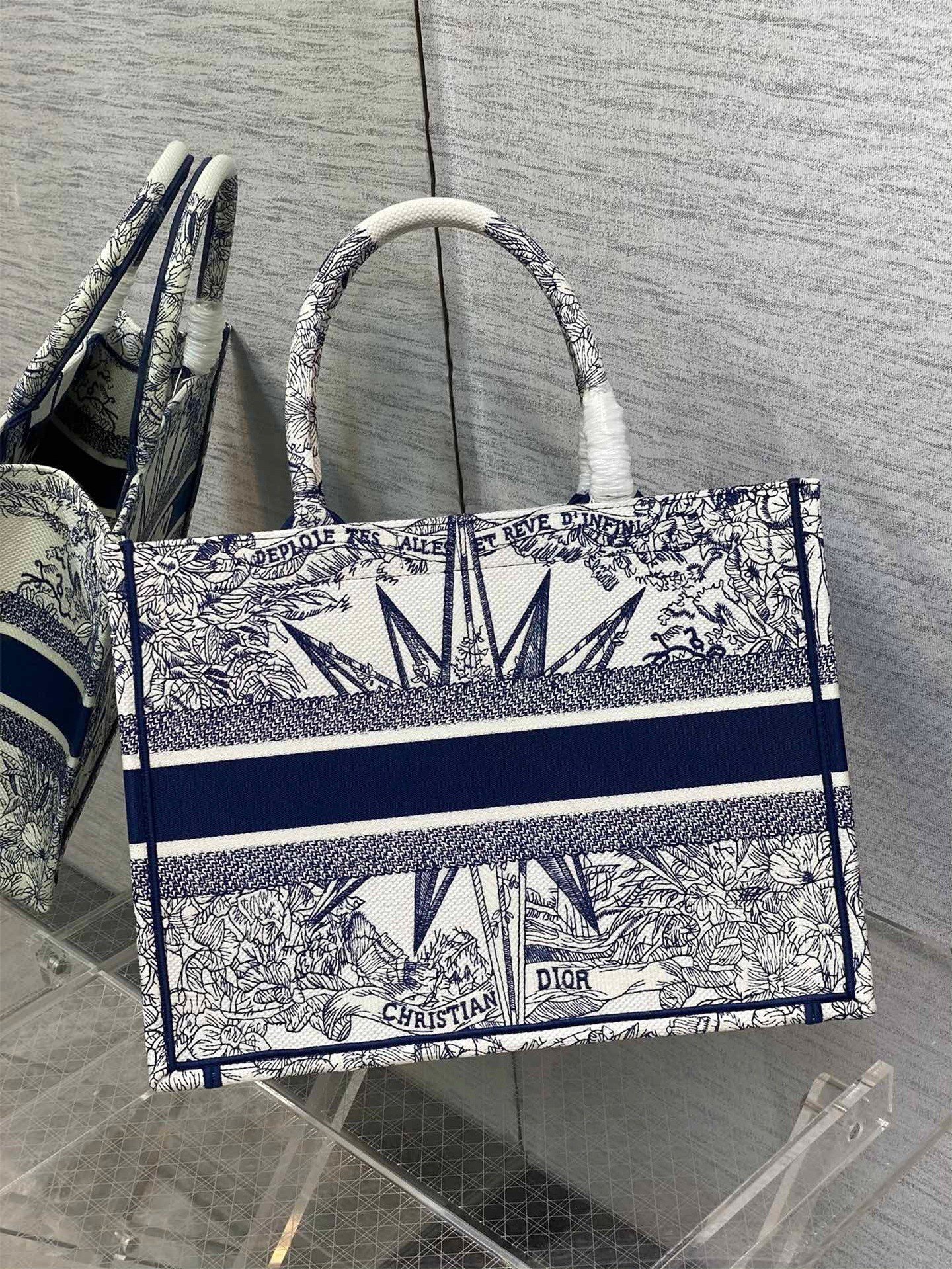 Dior Medium Book Tote Bag In White & Blue Rêve d'Infini Embroidery