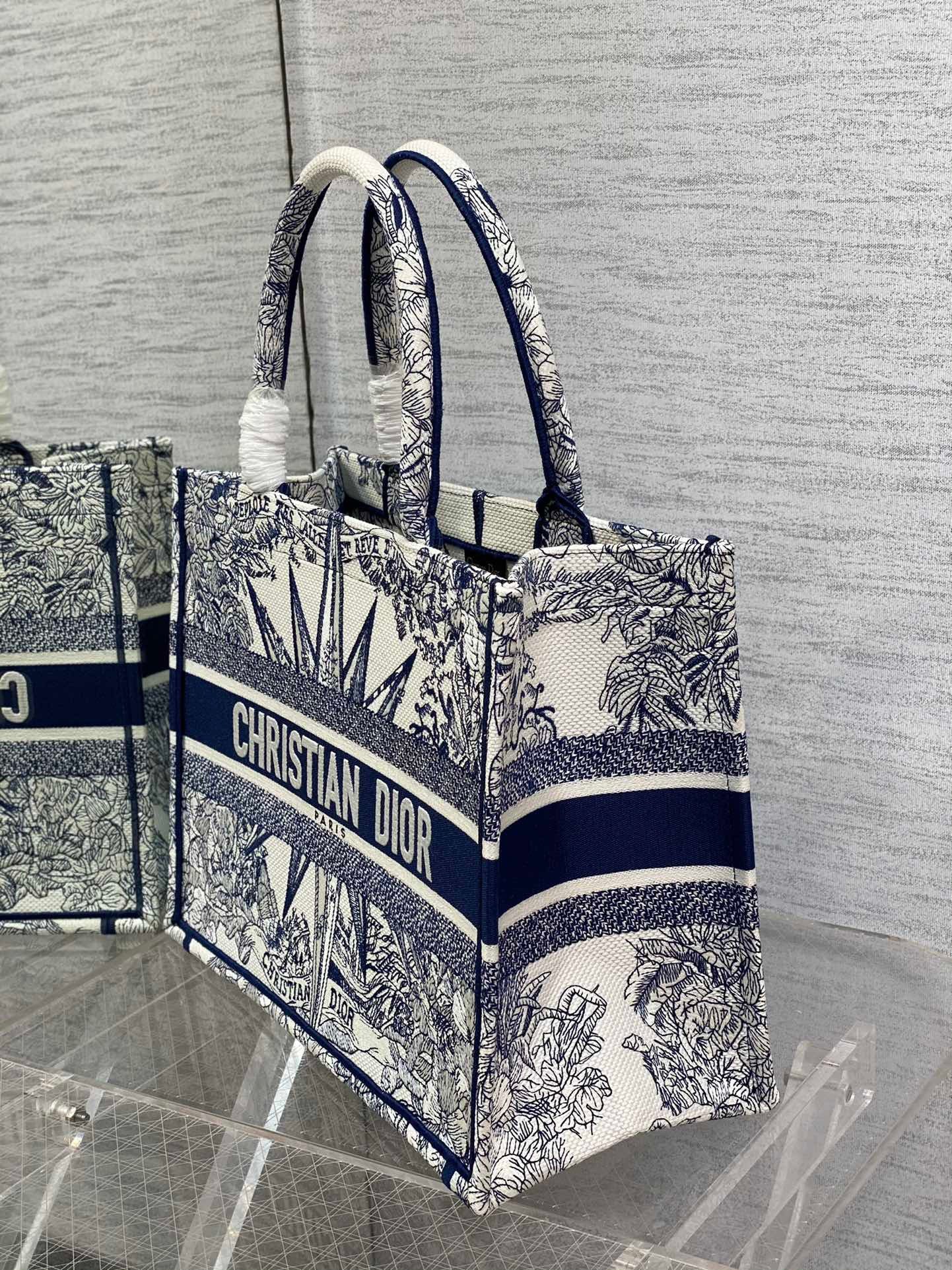 Dior Medium Book Tote Bag In White & Blue Rêve d'Infini Embroidery