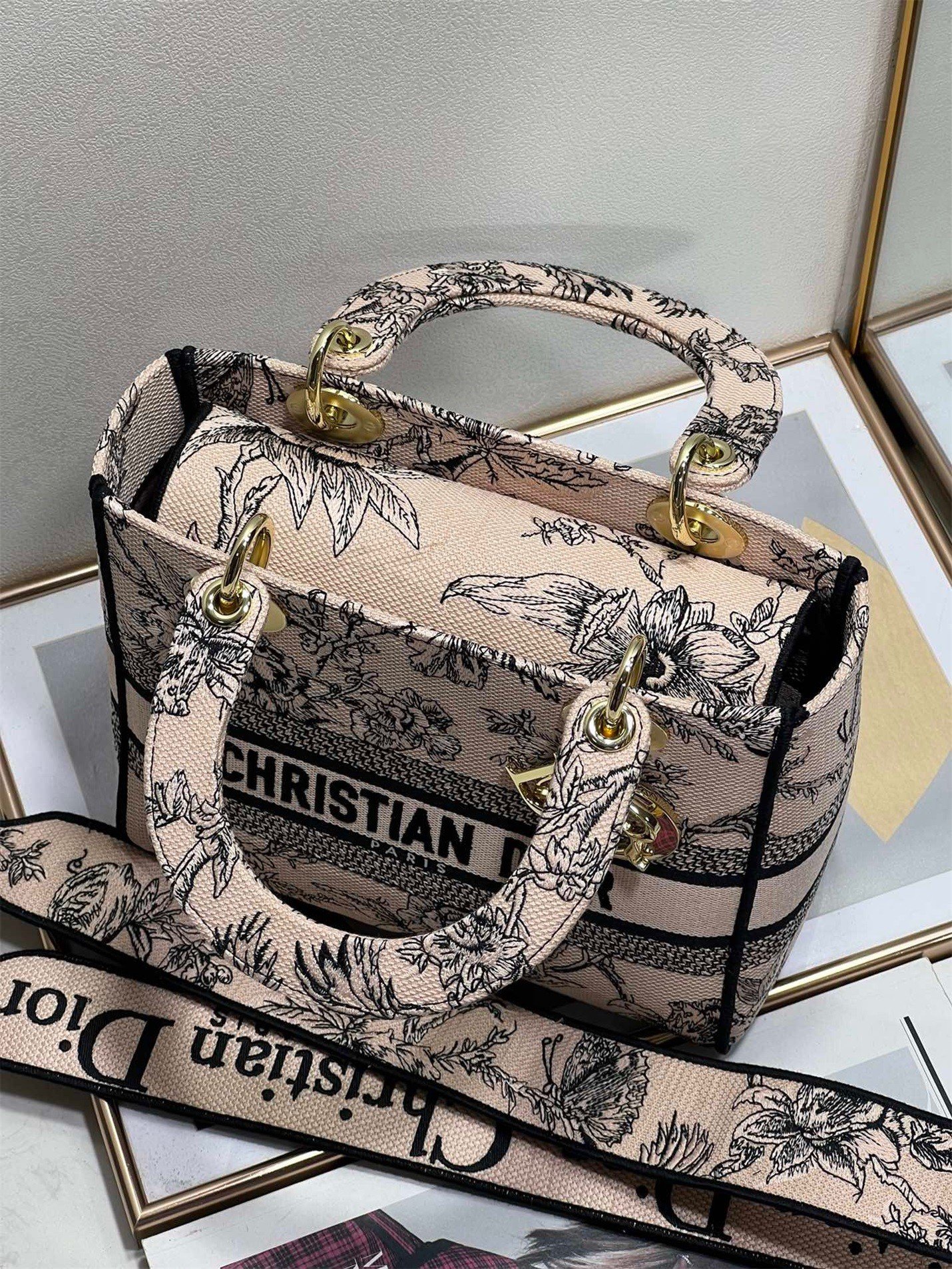 Dior Lady D-Lite Medium Bag In Powder Jardin Botanique Embroidery