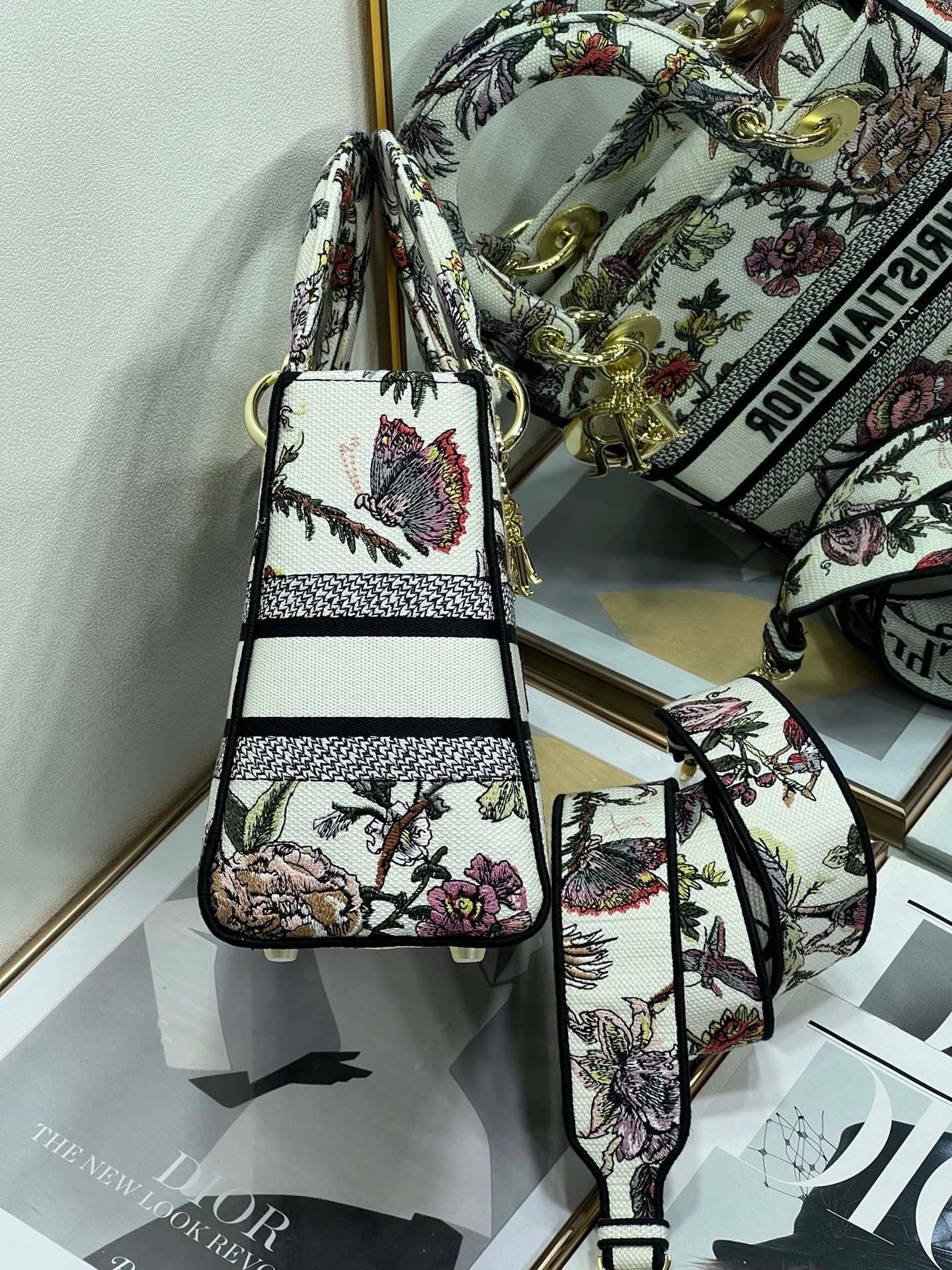 Dior Lady D-Lite Medium Bag In White Jardin Botanique Embroidery