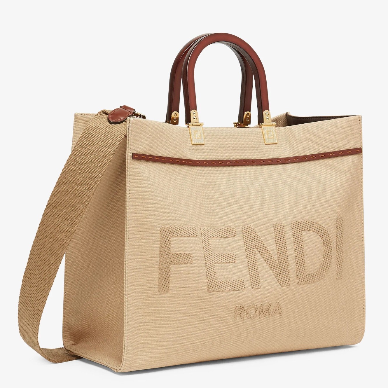 Fendi Sunshine Medium Tote Bag In Beige Canvas