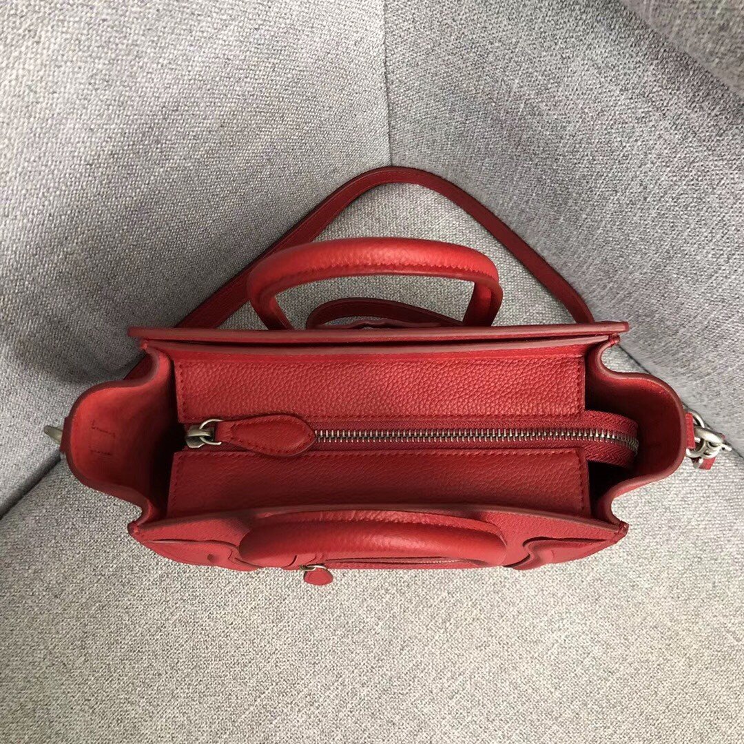 Celine Nano Luggage Tote Bag In Red Drummed Calfskin