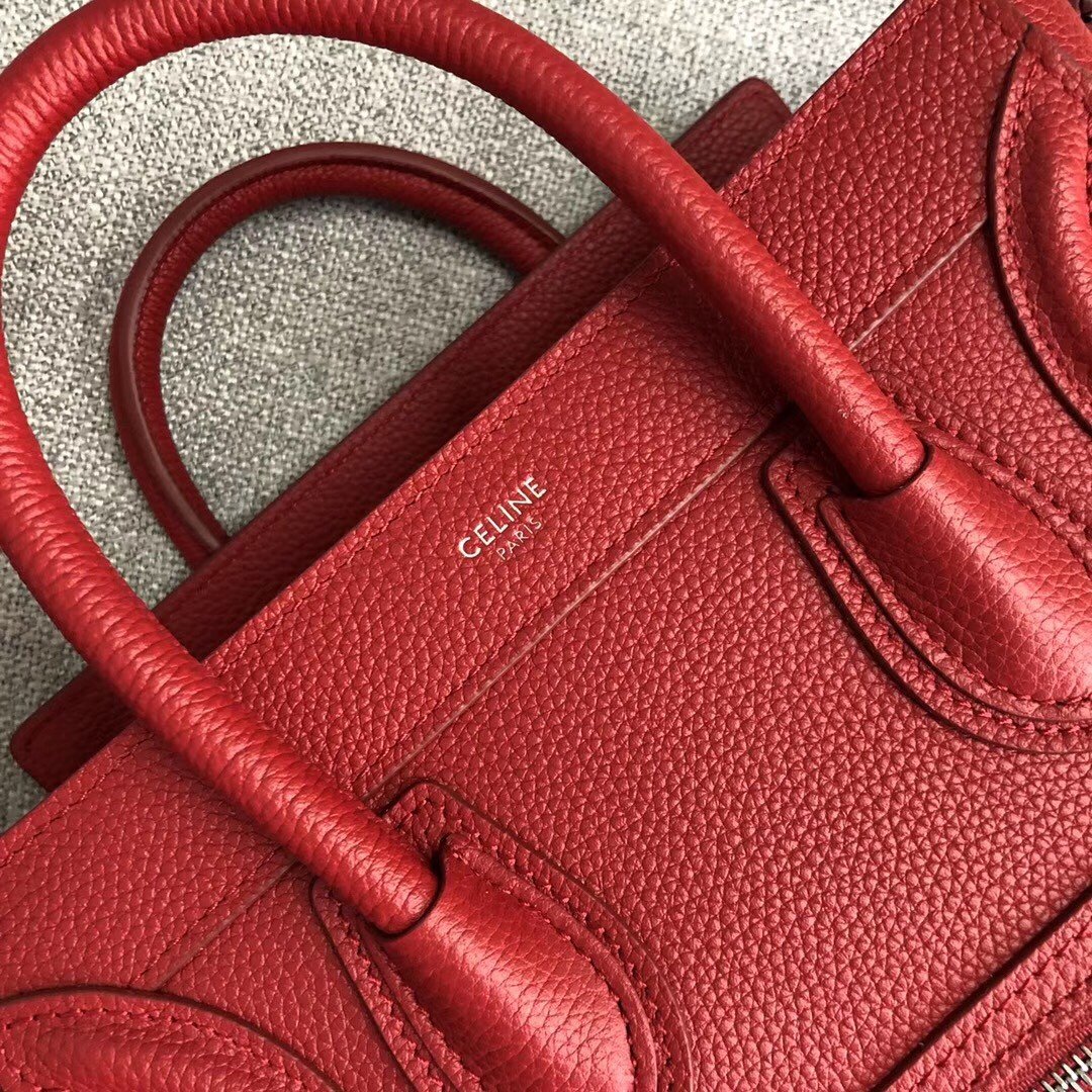 Celine Nano Luggage Tote Bag In Red Drummed Calfskin