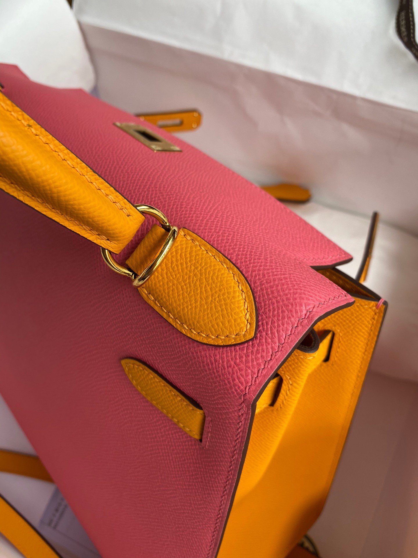 Hermes Kelly Sellier 28 Bicolor Bag in Rose Lipstick and Yellow Epsom Calfskin