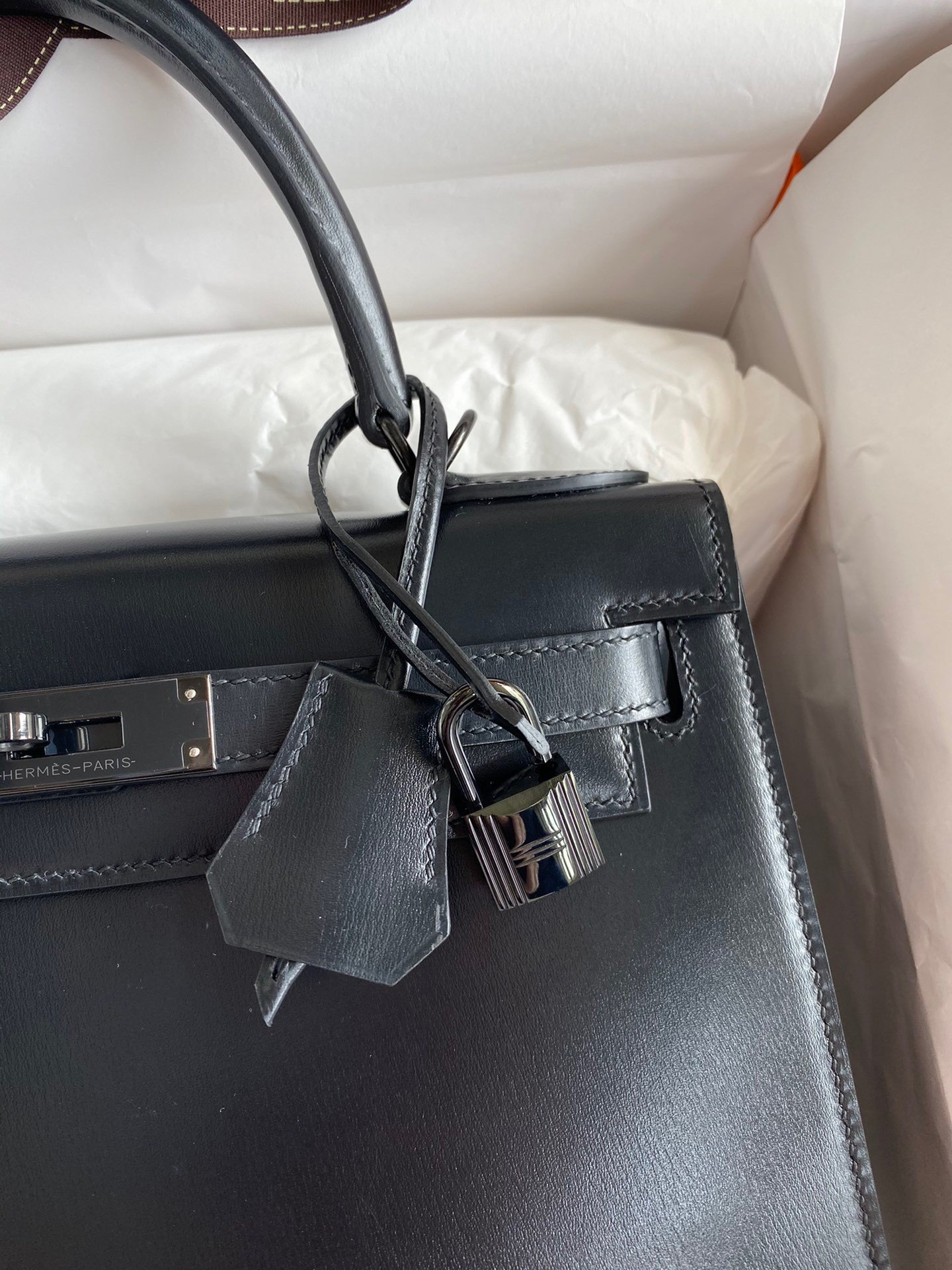 Hermes Kelly Sellier 28 Handmade Bag In Black Box Calfskin