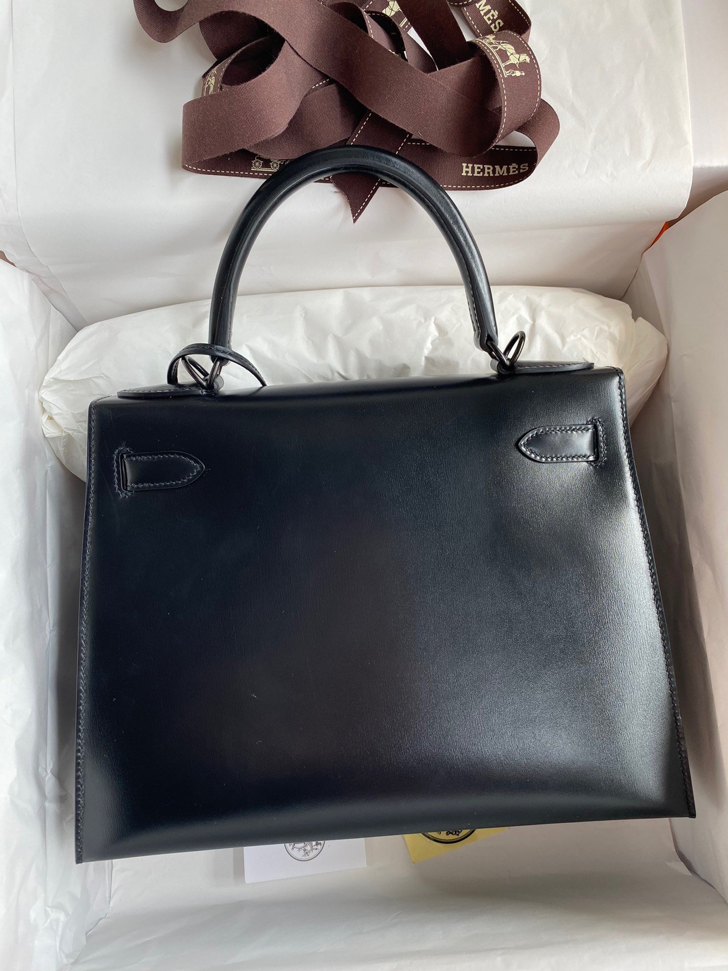 Hermes Kelly Sellier 28 Handmade Bag In Black Box Calfskin