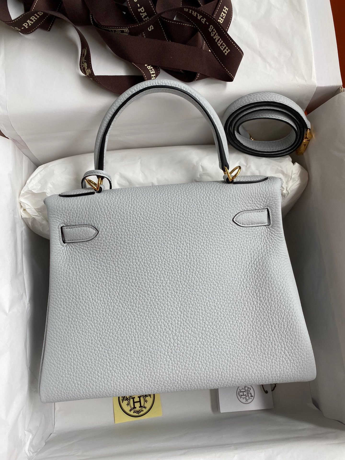 Hermes Kelly Retourne 28 Handmade Bag In Blue Glacier Clemence Leather