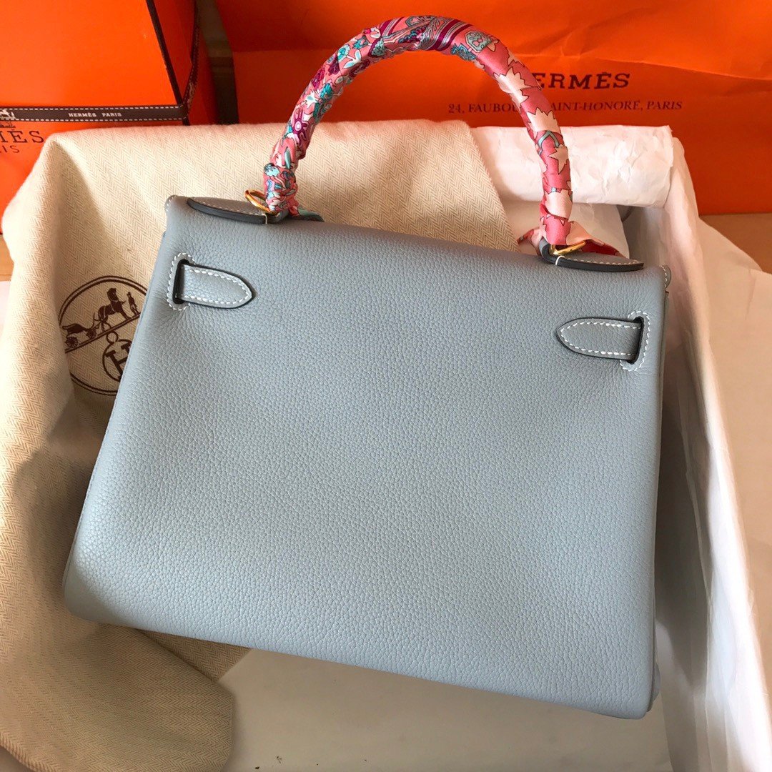 Hermes Kelly Retourne 28 Handmade Bag In Blue Lin Clemence Leather