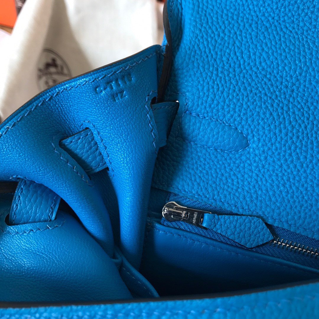 Hermes Kelly Retourne 28 Handmade Bag In Blue Zanzibar Clemence Leather