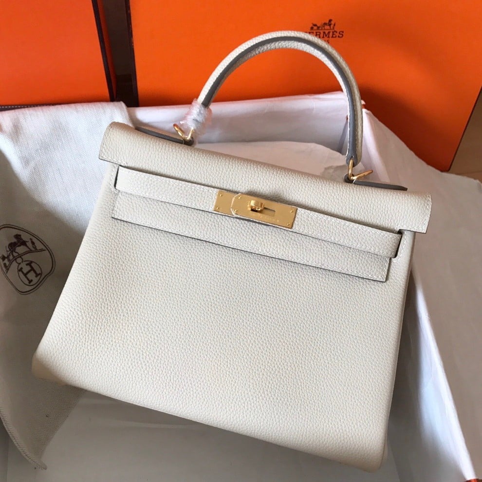 Hermes Kelly Retourne 28 Handmade Bag In Craie Clemence Leather