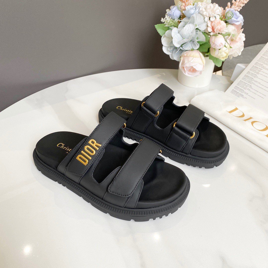 Dior Dioract Slide Sandals In Black Lambskin