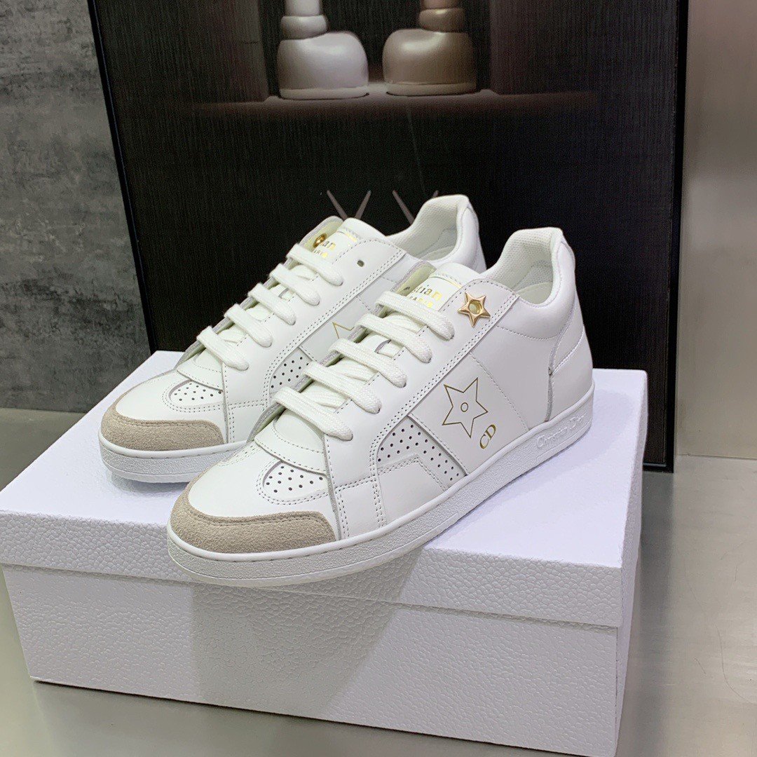 Dior Star Sneakers In White Calfskin with Gold Star