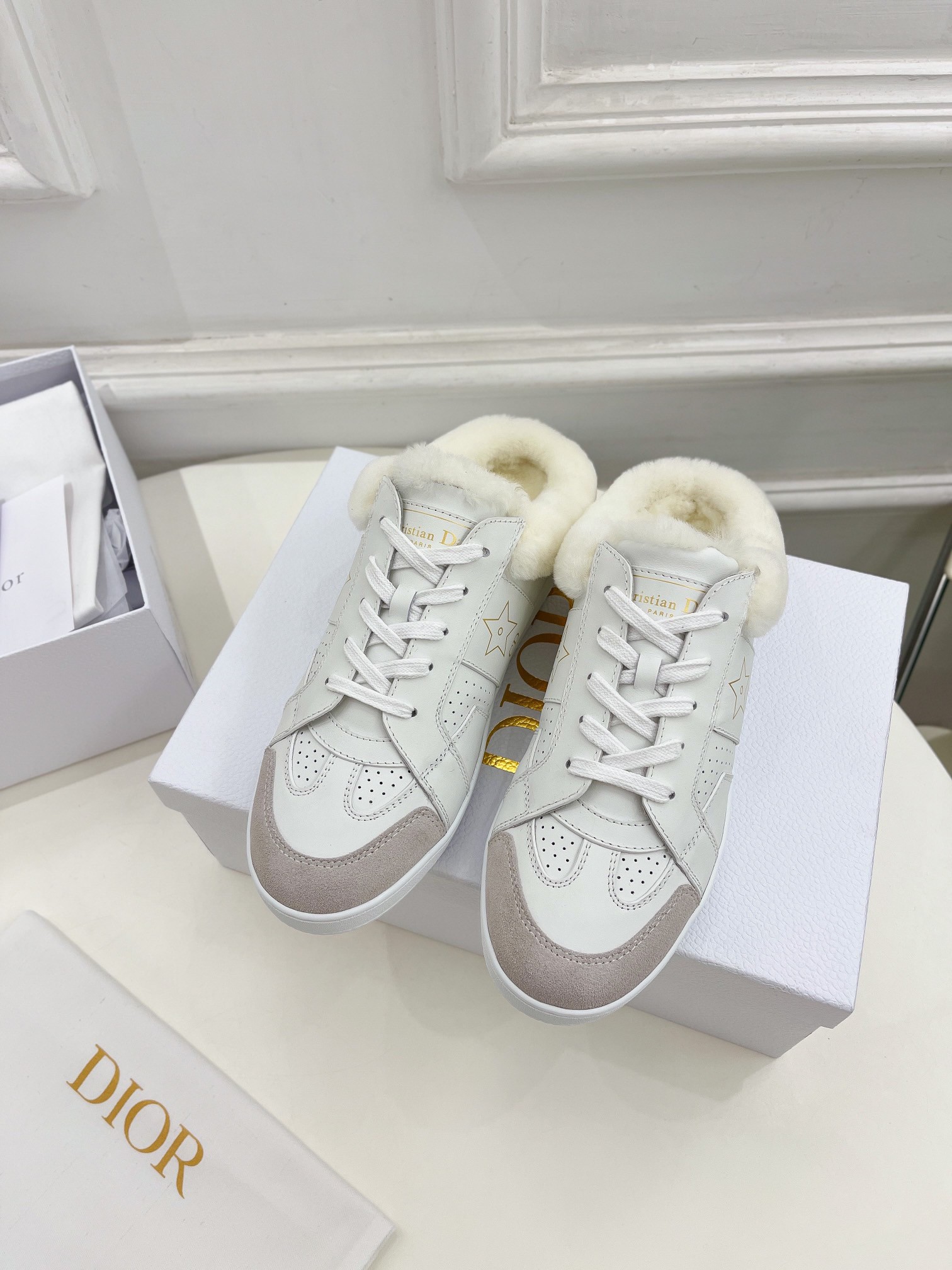 Dior Star Low-top Sneakers in White Calfskin and Shearling