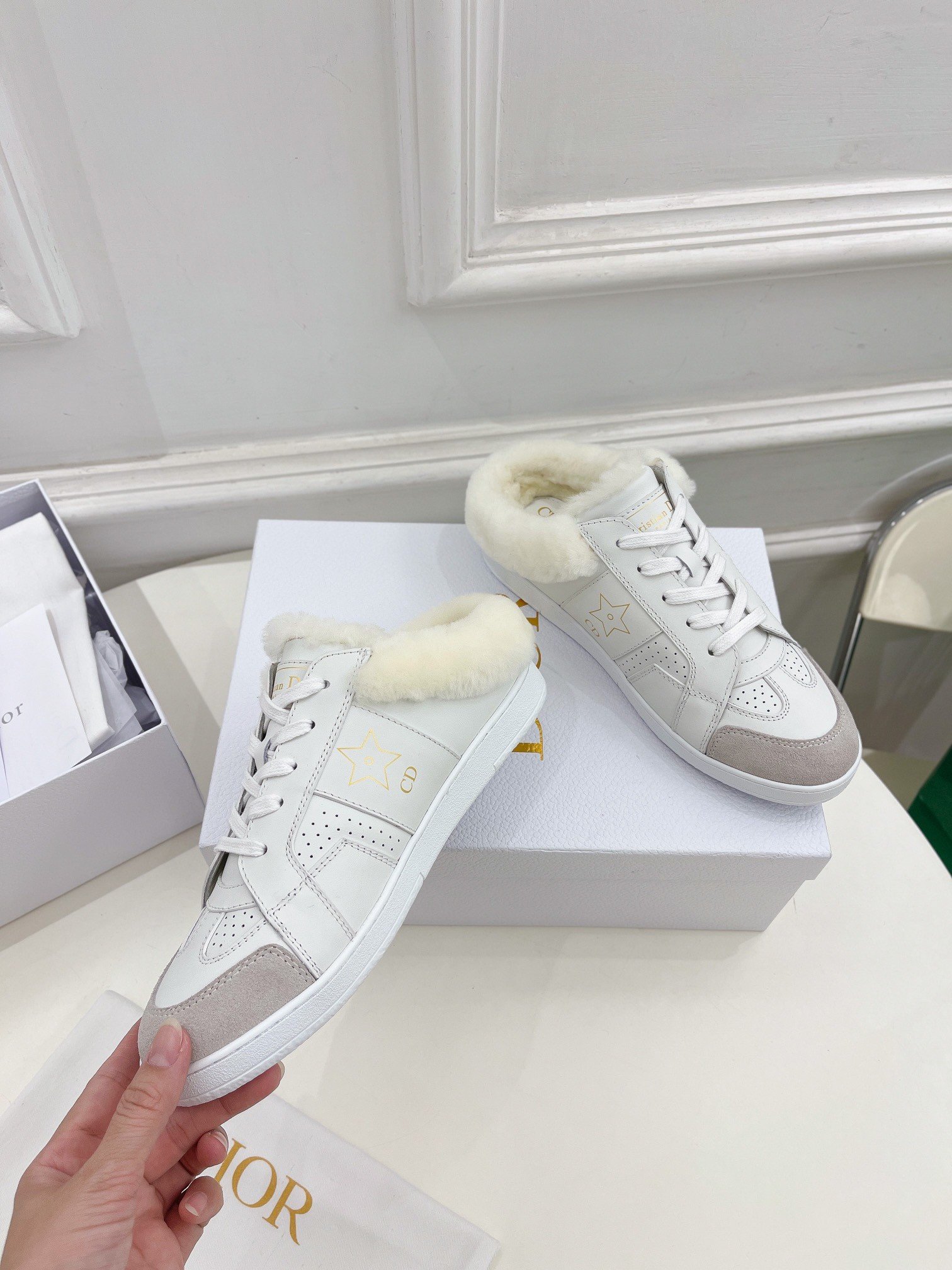 Dior Star Low-top Sneakers in White Calfskin and Shearling