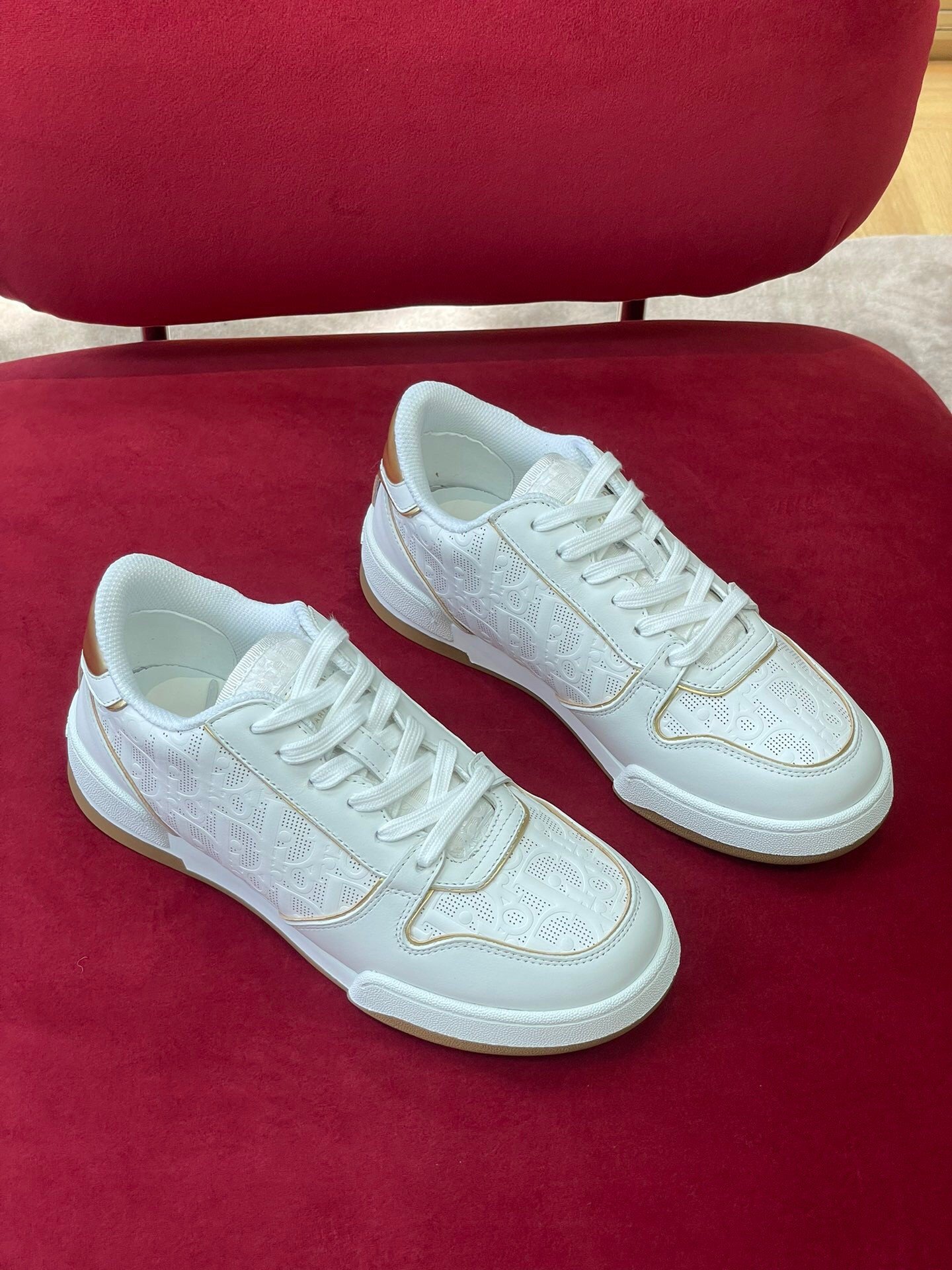 Dior One Sneakers in White and Gold Oblique Perforated Calfskin