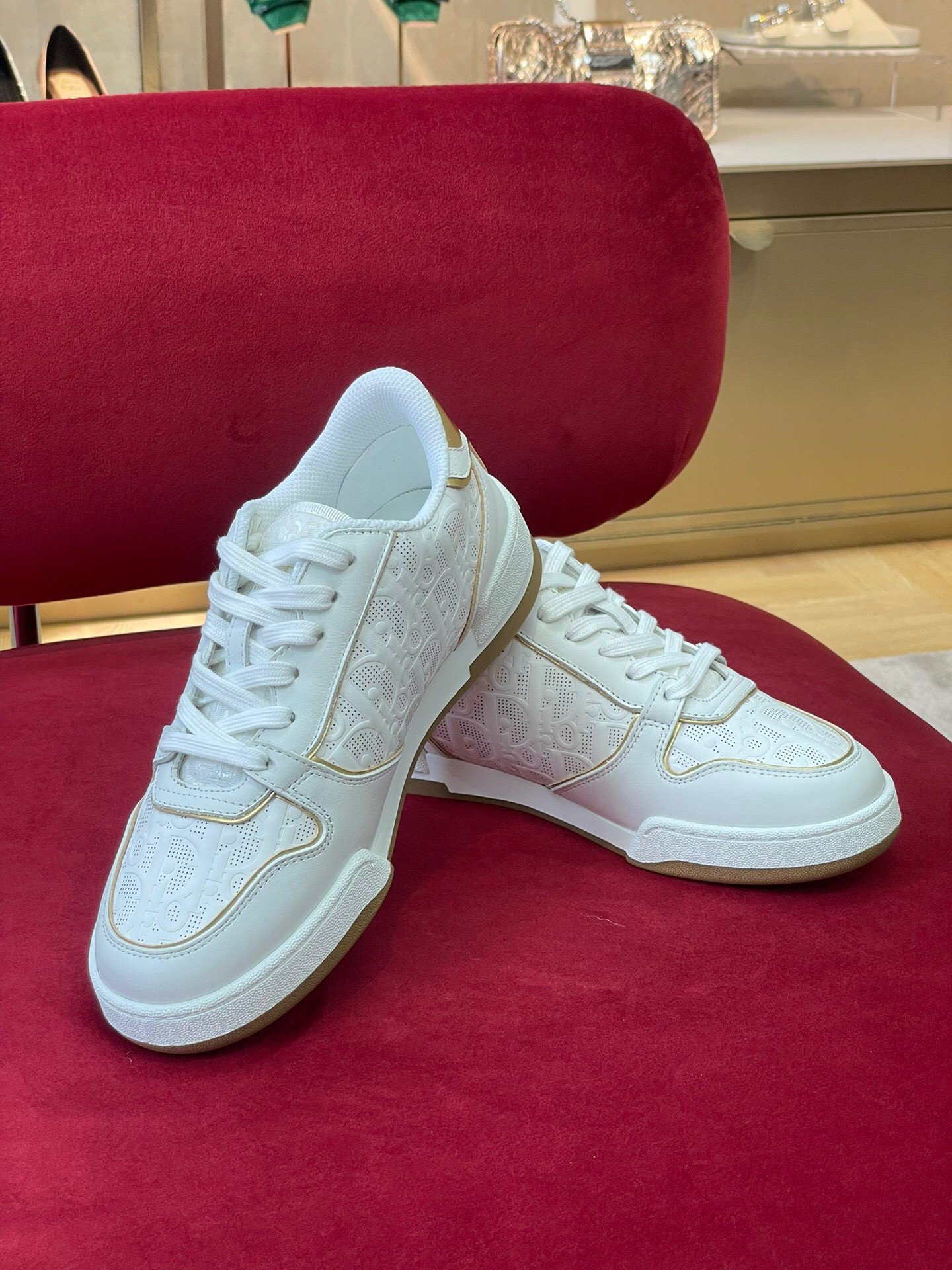 Dior One Sneakers in White and Gold Oblique Perforated Calfskin