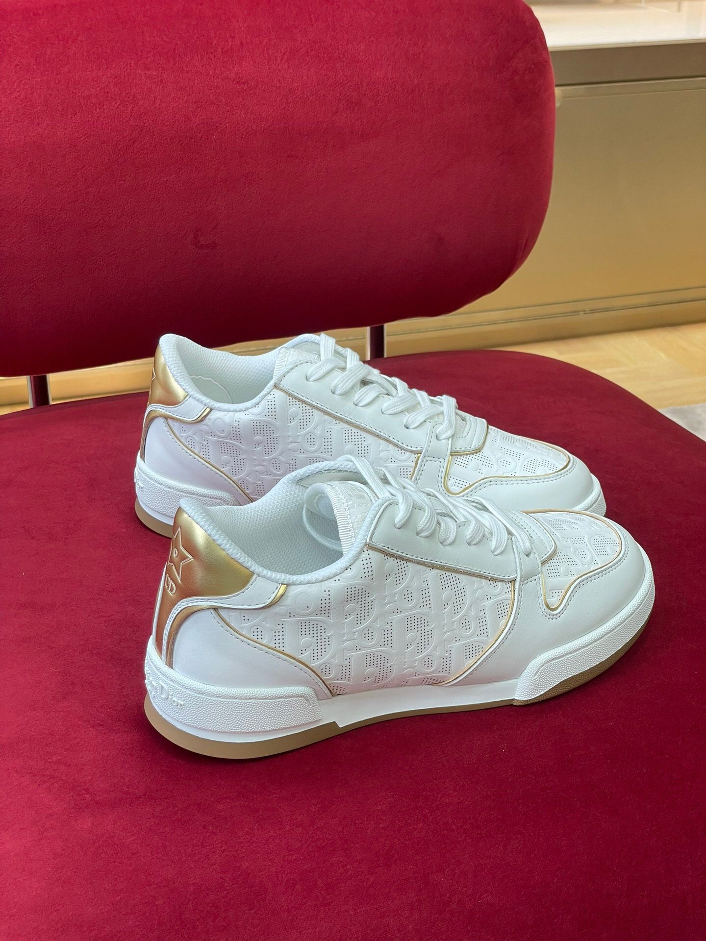 Dior One Sneakers in White and Gold Oblique Perforated Calfskin