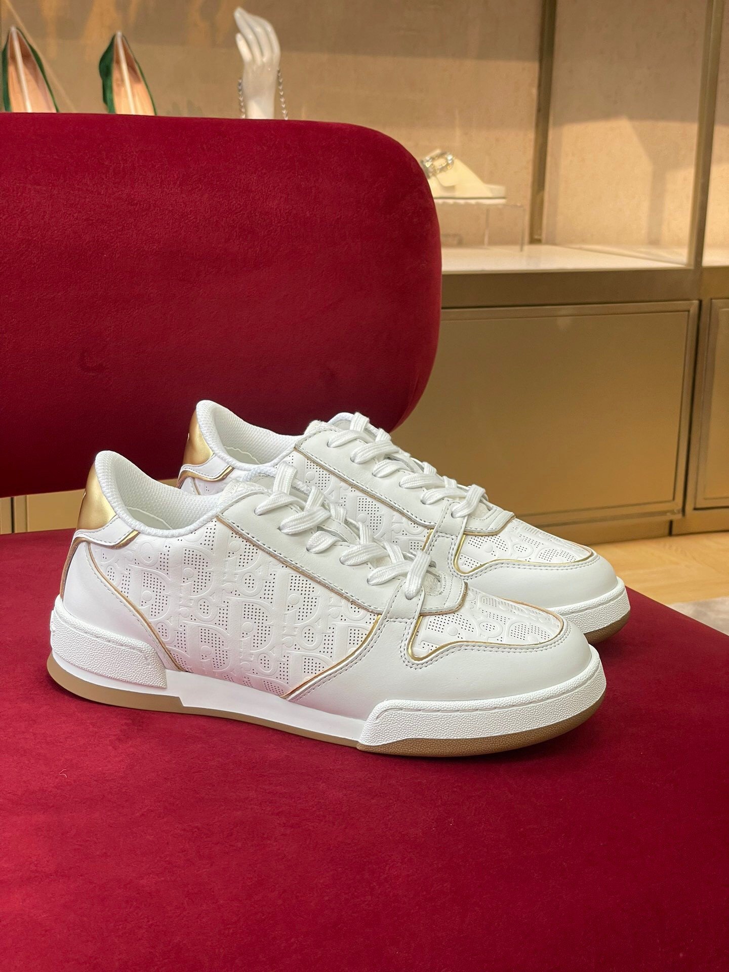 Dior One Sneakers in White and Gold Oblique Perforated Calfskin