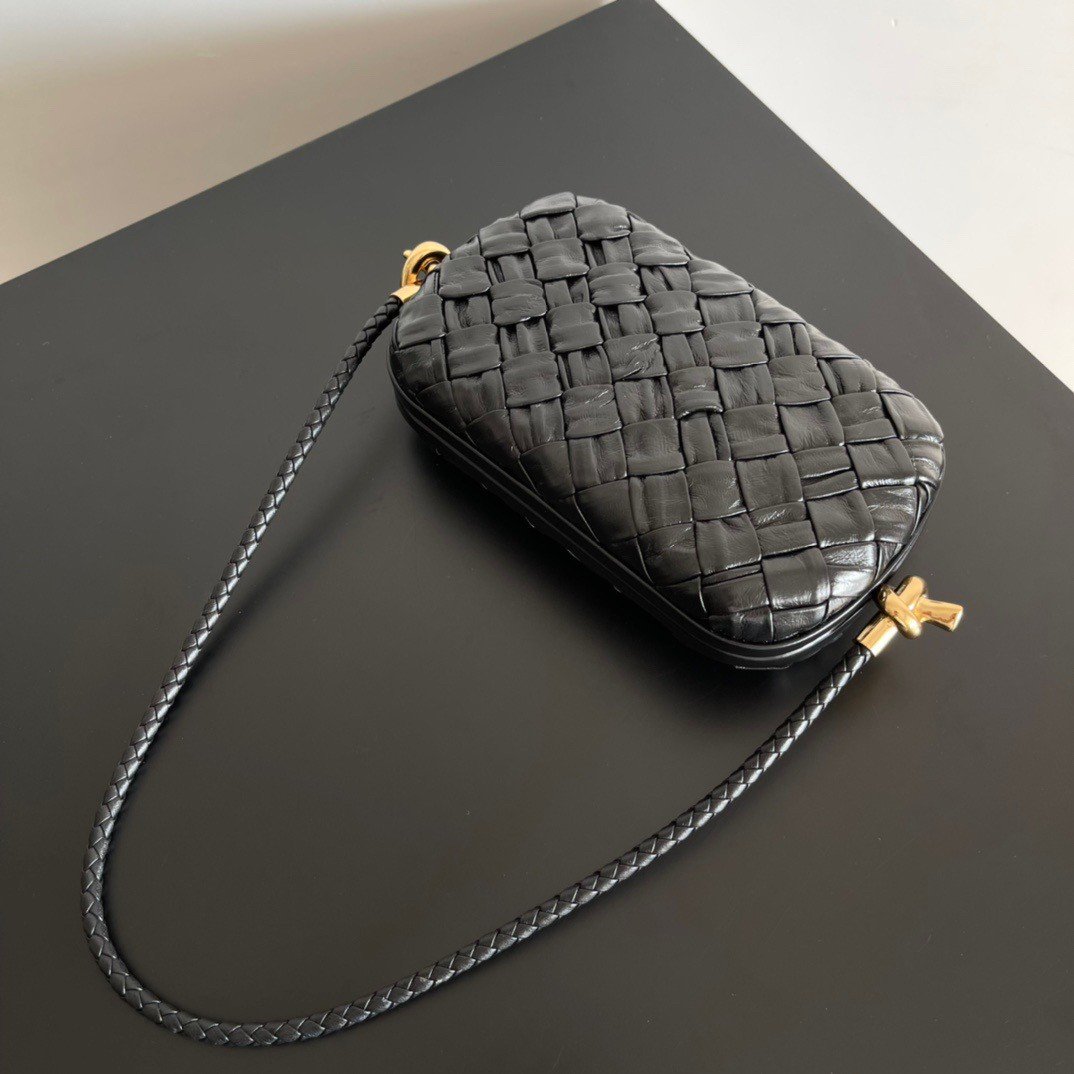 Bottega Veneta Knot Minaudiere On Strap In Black Foulard Intreccio Leather