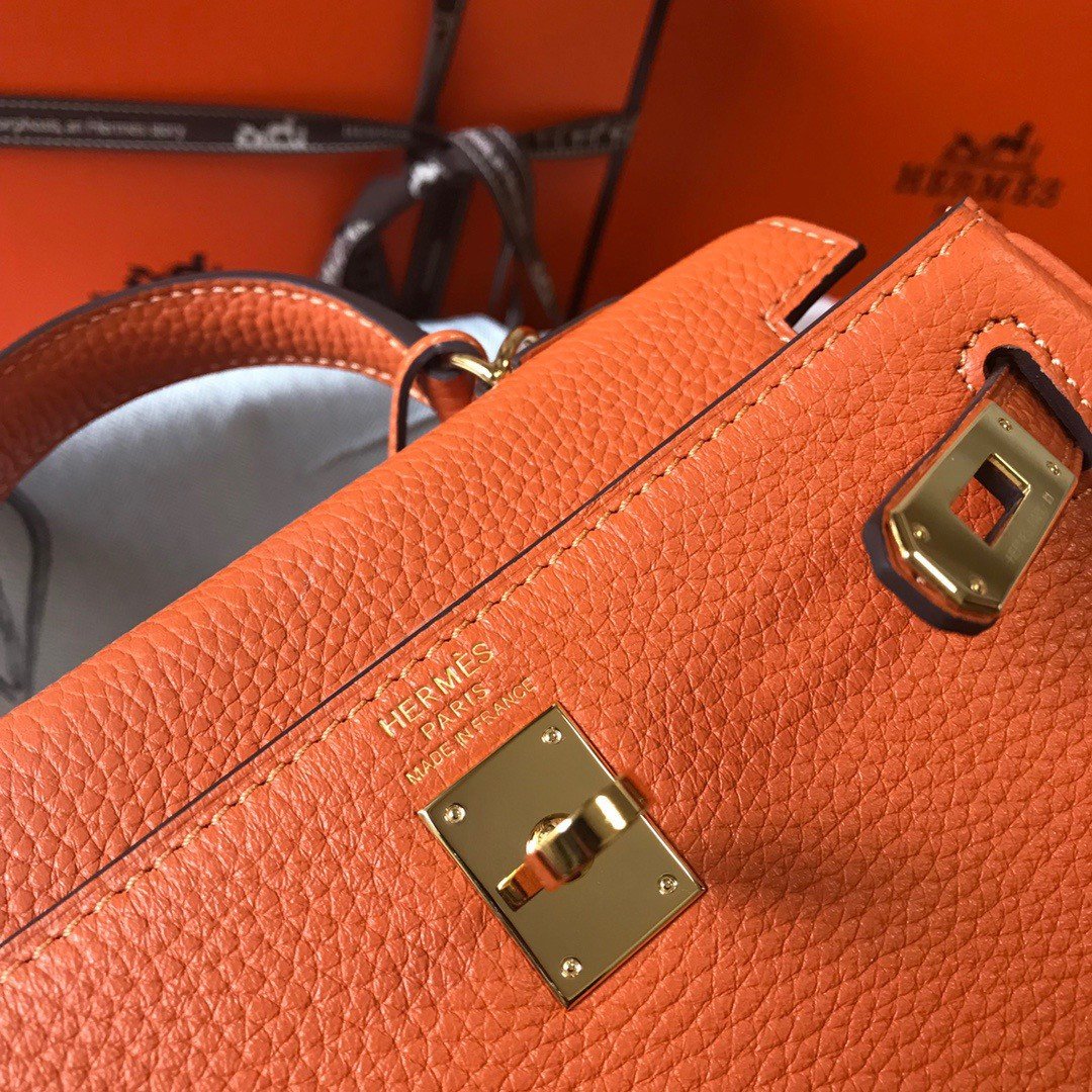 Hermes Kelly 20cm Bag In Orange Clemence Leather GHW