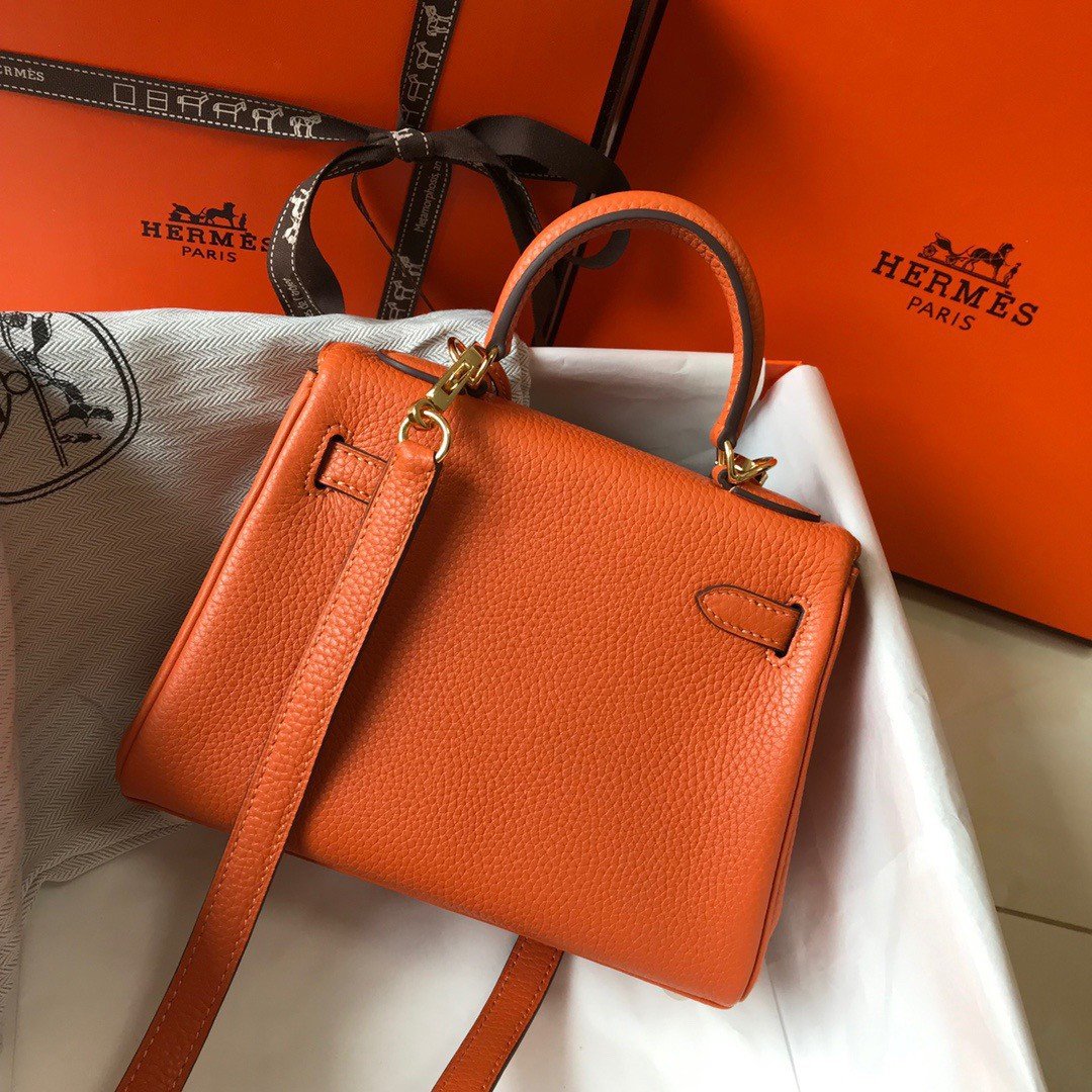 Hermes Kelly 20cm Bag In Orange Clemence Leather GHW