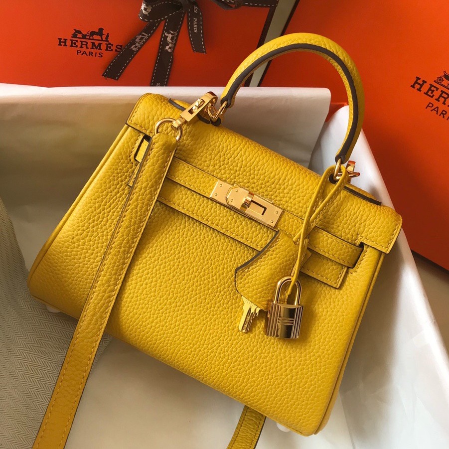 Hermes Kelly 20cm Bag In Yellow Clemence Leather GHW